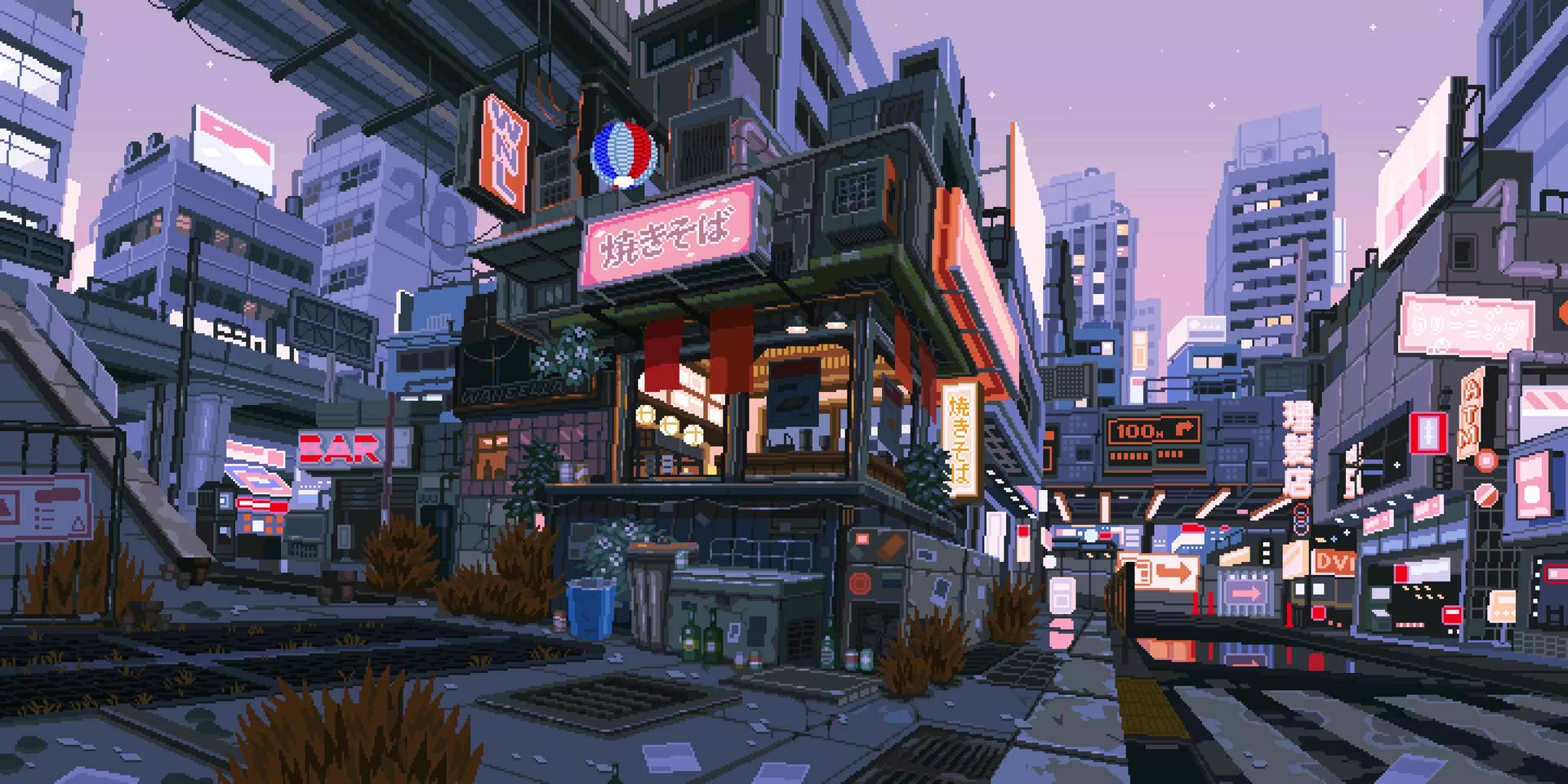Google Pixel Desktop, neon-lit cyberpunk street, dusk, Full HD Desktop Wallpaper