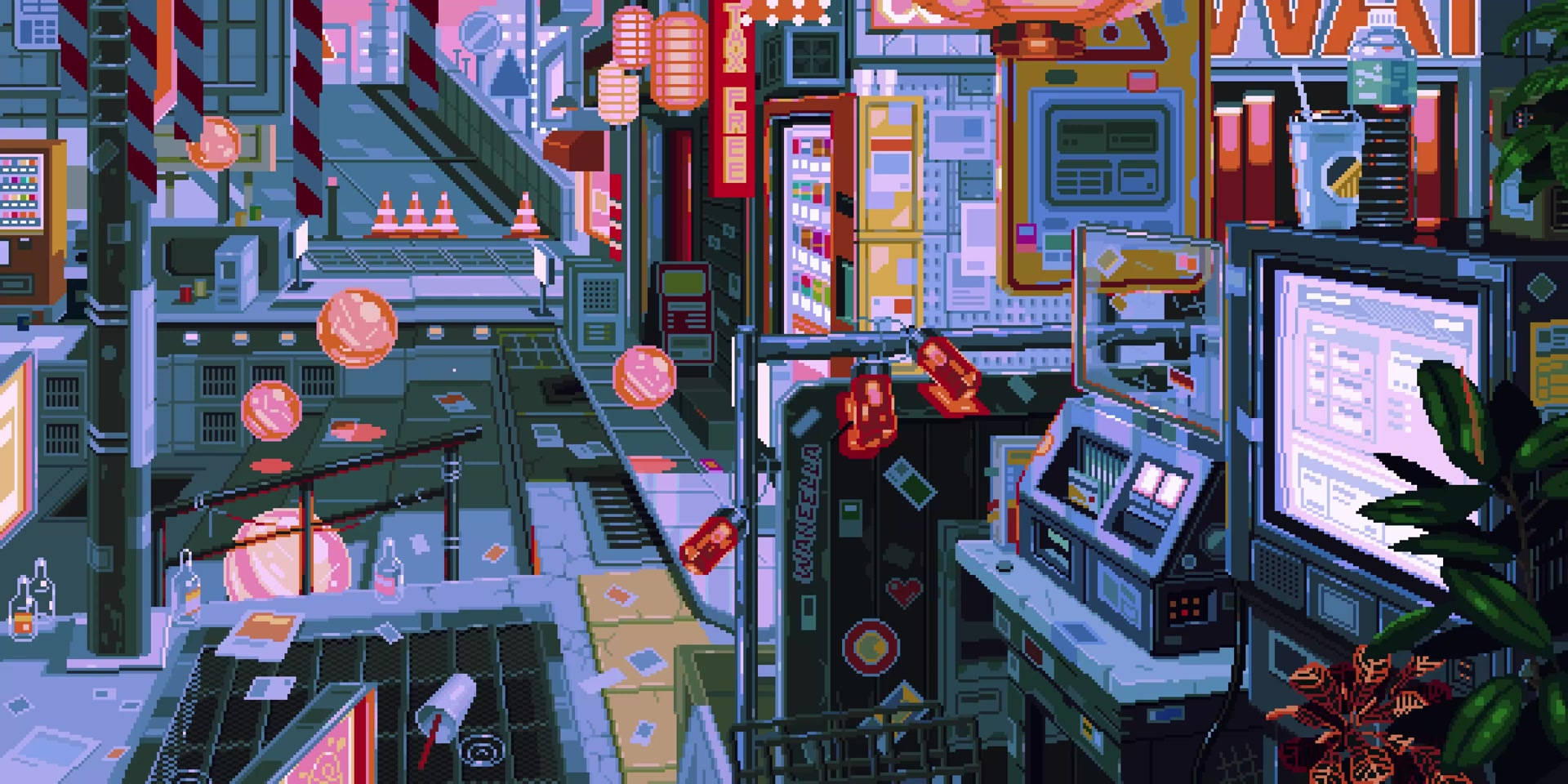 Google Pixel Desktop, neon lights, cyberpunk cityscape, Full HD Desktop Wallpaper