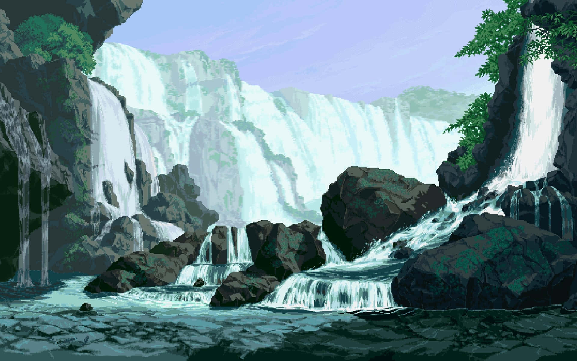 Google Pixel Water, pixel-art waterfall, turquoise pool, Full HD Desktop Wallpaper