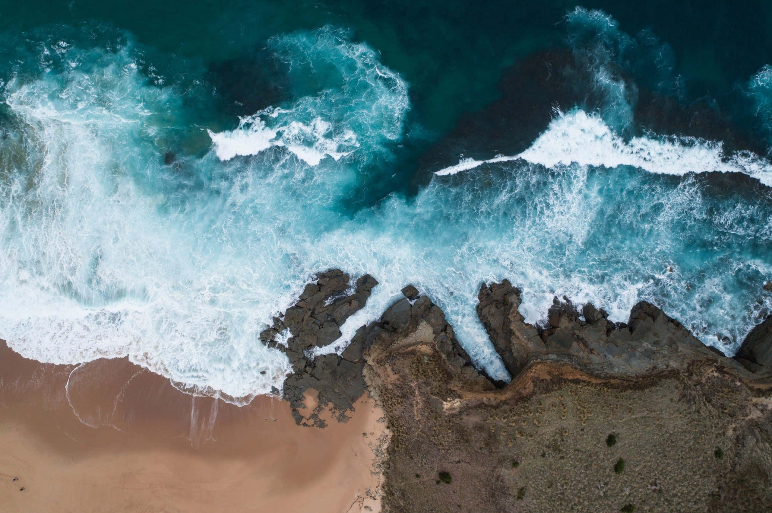 Google Pixel, turquoise waves, rugged cliffs, 2K Desktop Wallpaper