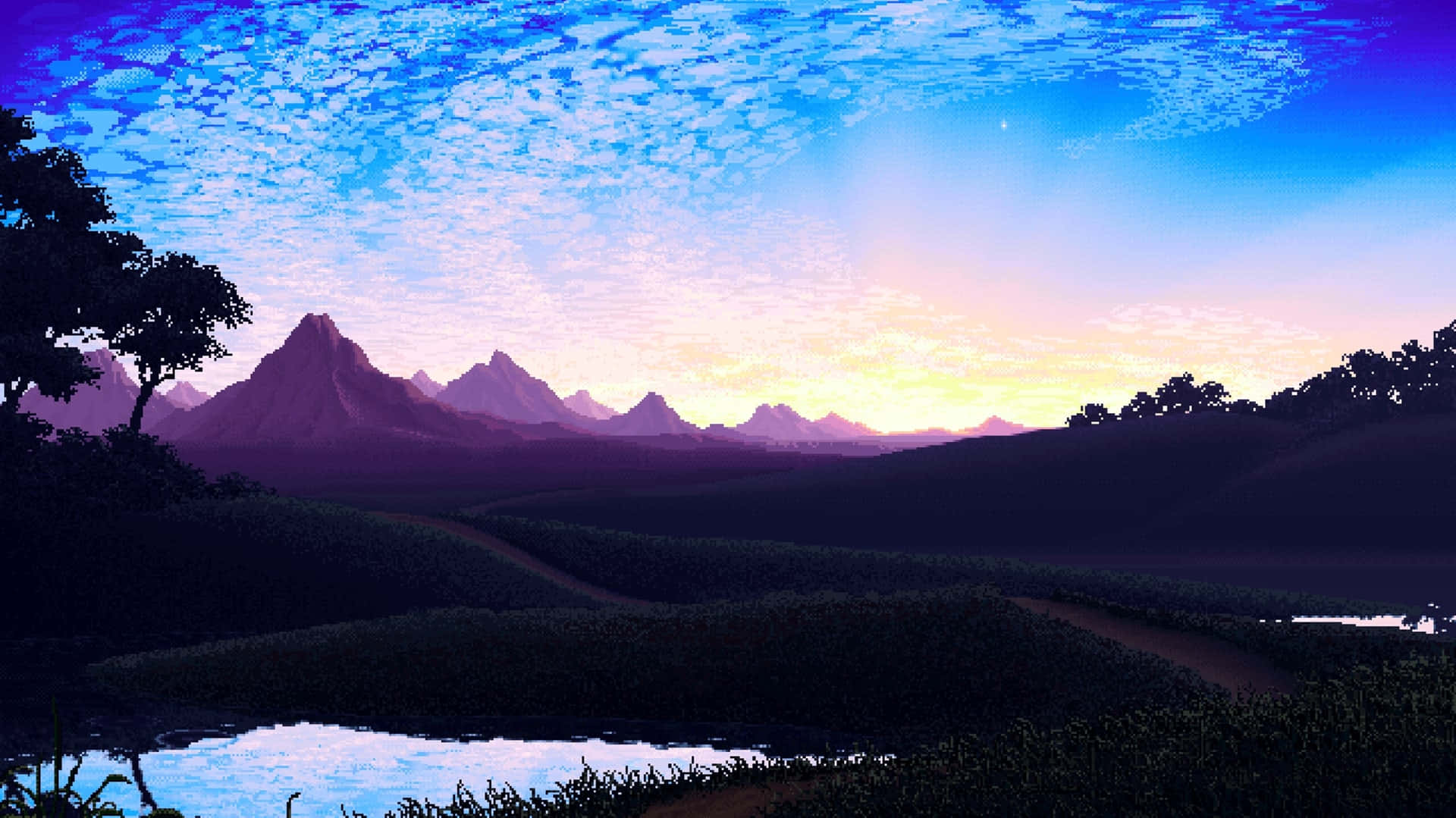 Google Pixel Water, twilight landscape, purple mountains, Full HD Desktop Wallpaper