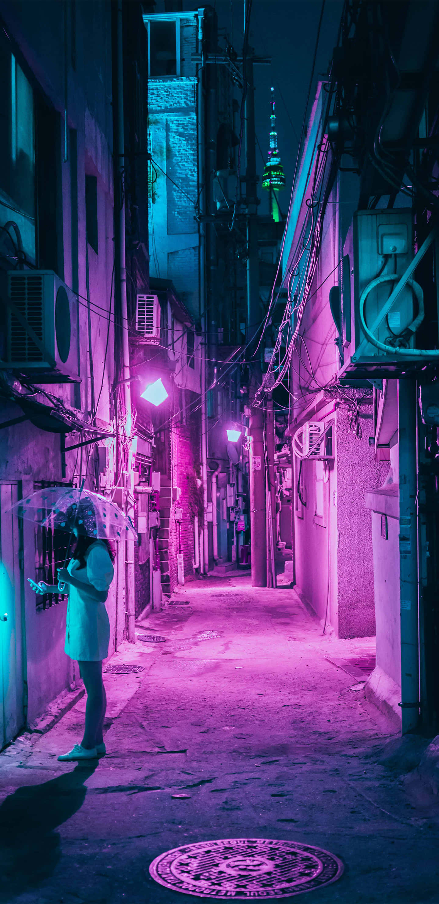 Google Pixel XL, neon-drenched alley, pink and blue lights, 2K Phone Wallpaper