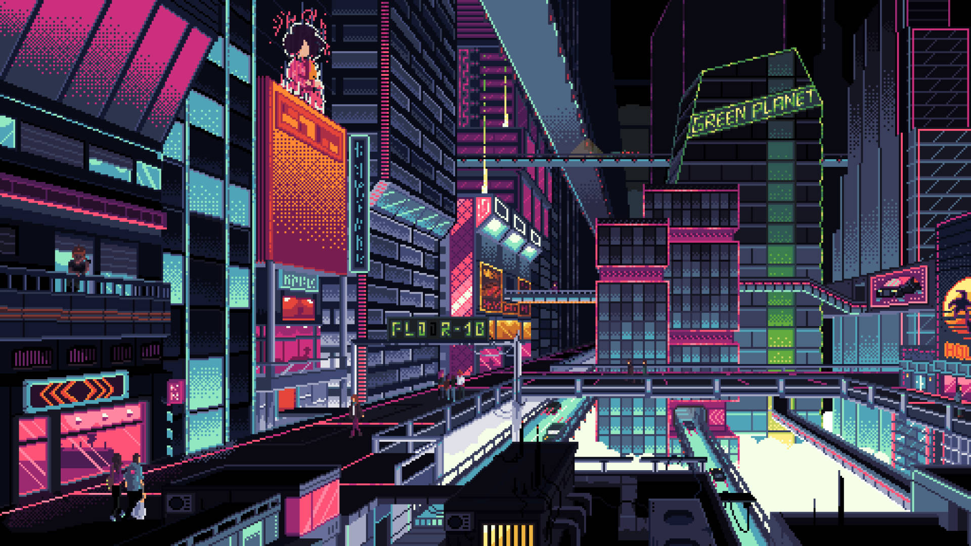 Google Pixel, Pixel-art cityscape, neon signs, Full HD Desktop Wallpaper