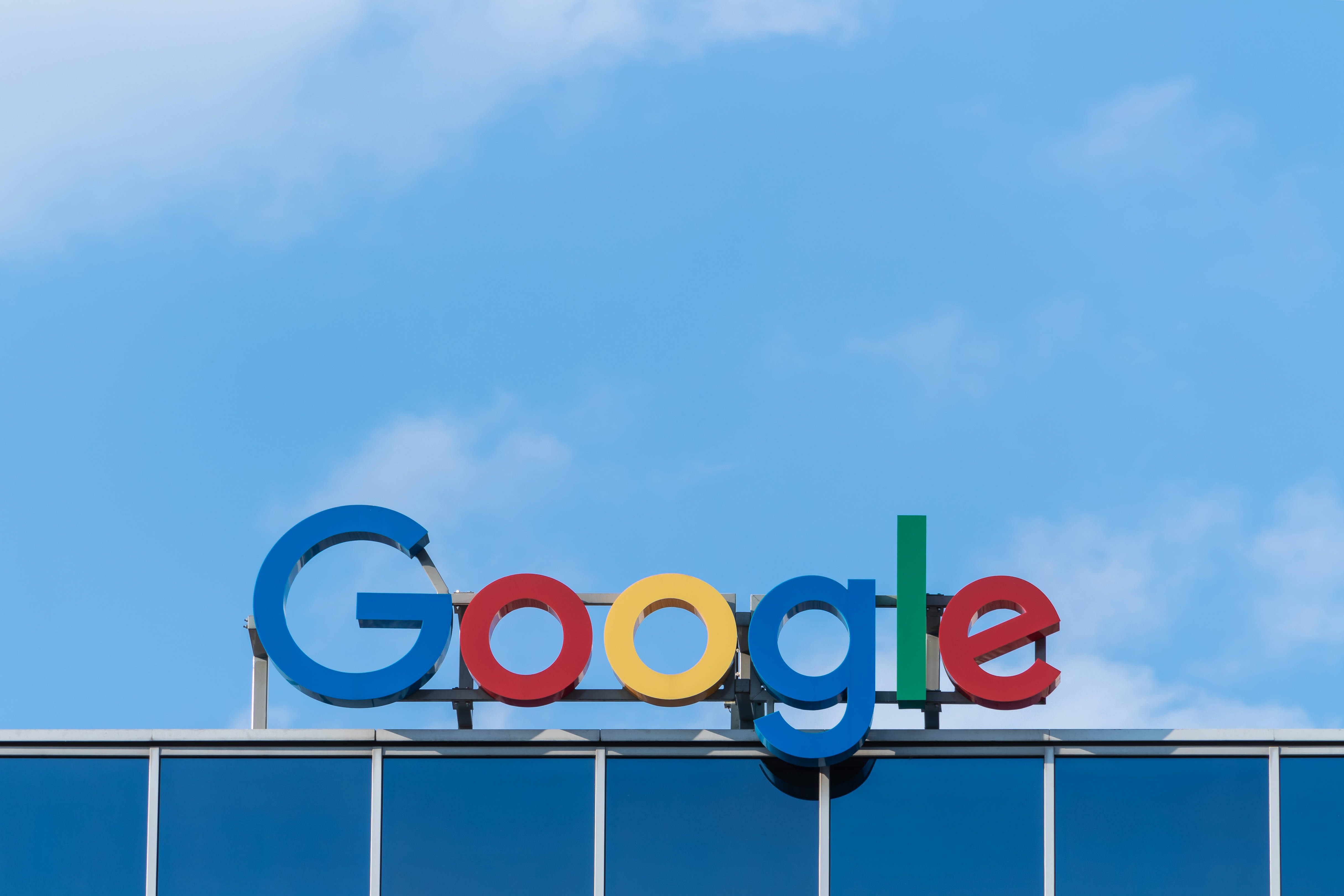 Google, colorful logo, clear blue sky, 4K Desktop Wallpaper