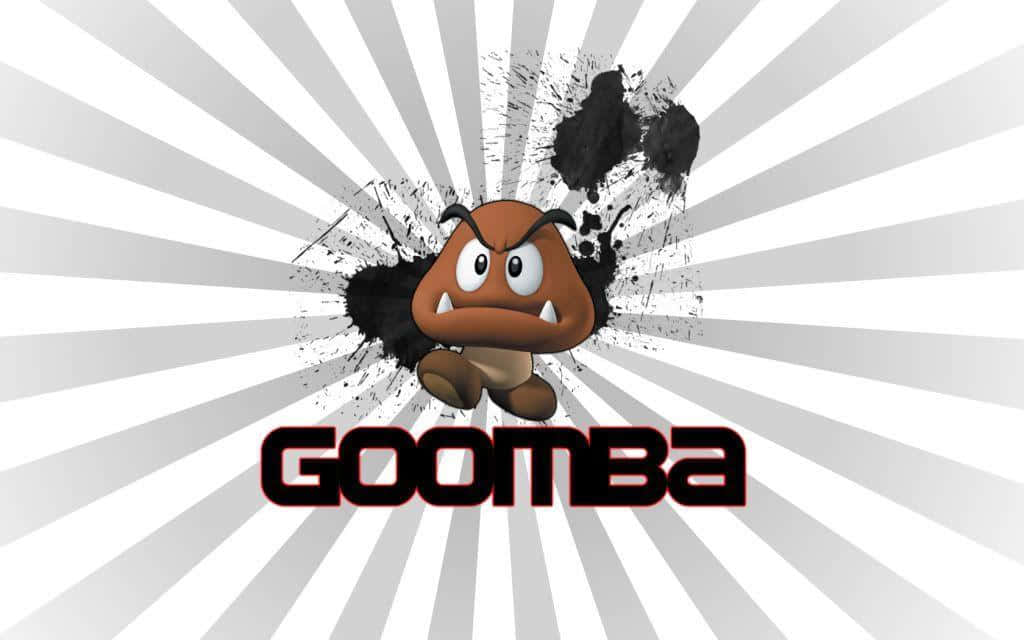Goomba, black ink splatter, gray and white radial burst background, SD Desktop Wallpaper