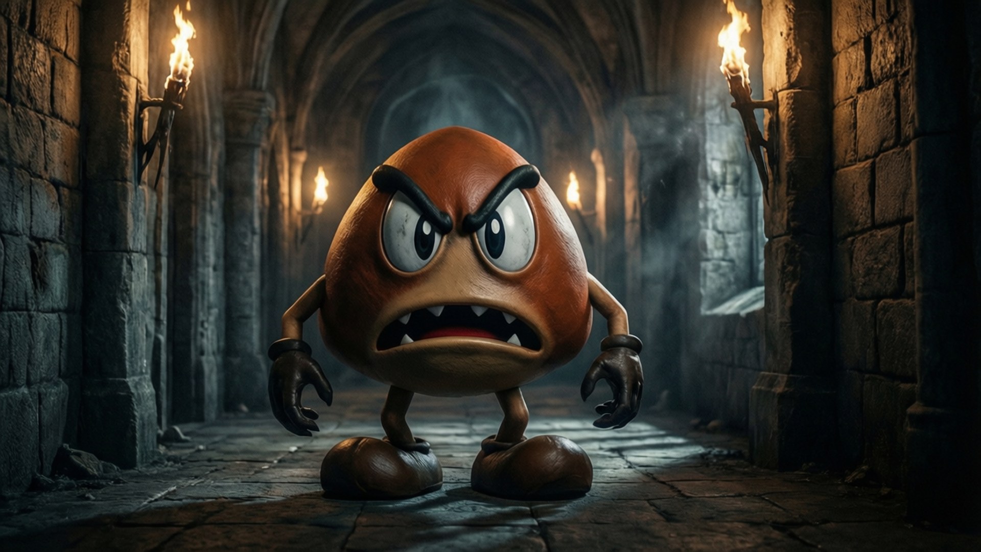 Goomba, castle hallway, torchlight, Full HD Desktop Wallpaper