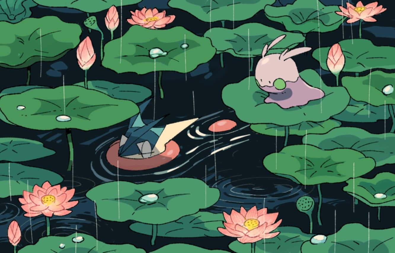 Goomy, lily pad, rain-soaked pond, HD Desktop Wallpaper