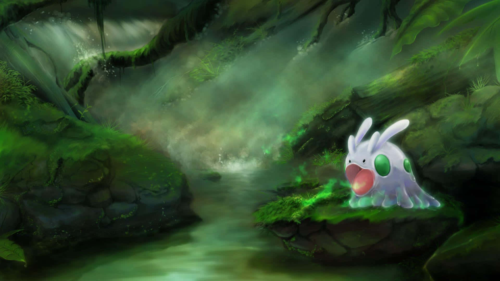 Goomy, green forest, mossy rock, Full HD Desktop Wallpaper