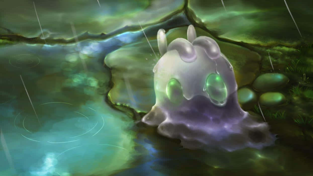 Goomy, rain-soaked puddle, mossy stones, SD Desktop Wallpaper