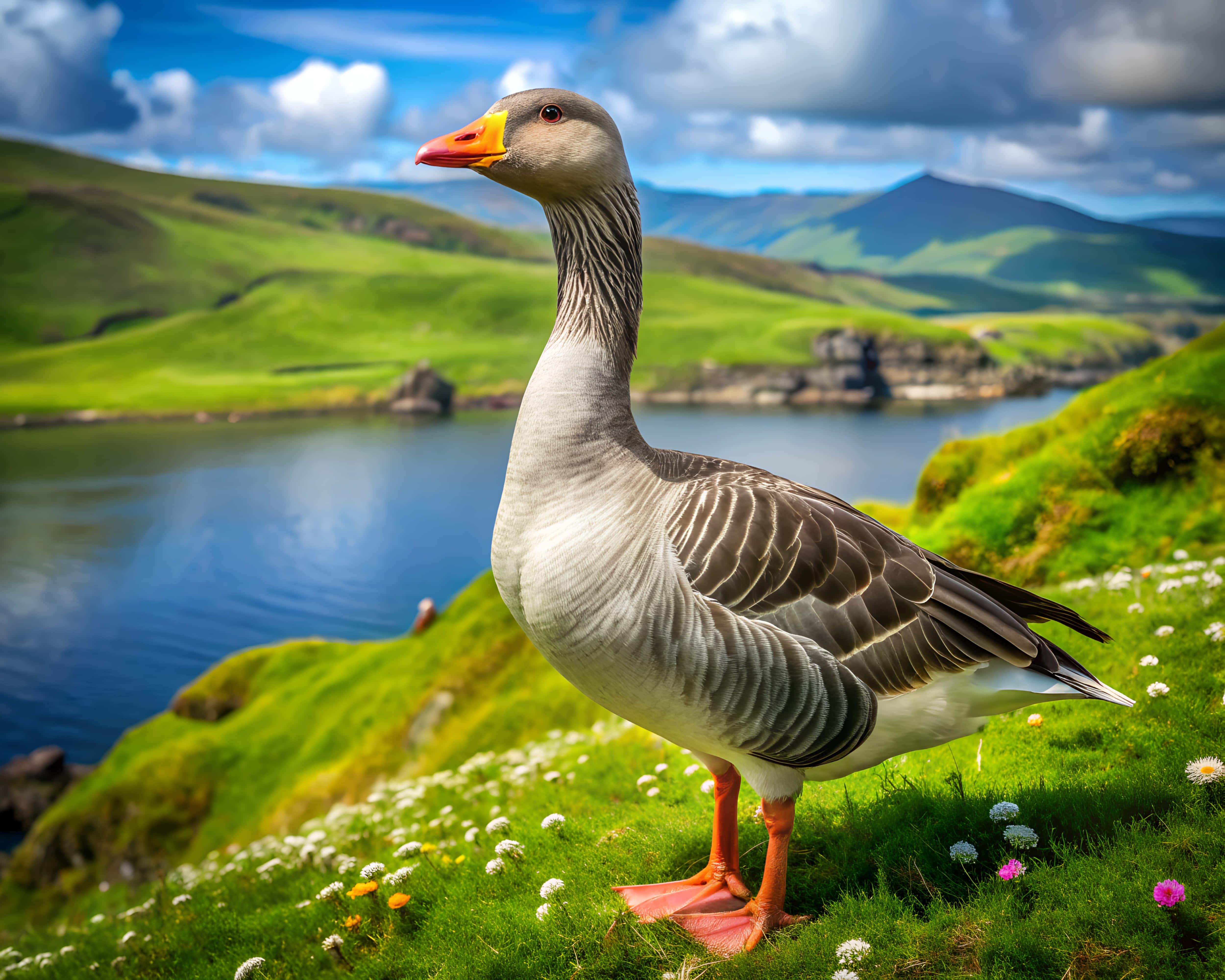 goose, lake, grassy cliff, 4K Desktop Wallpaper