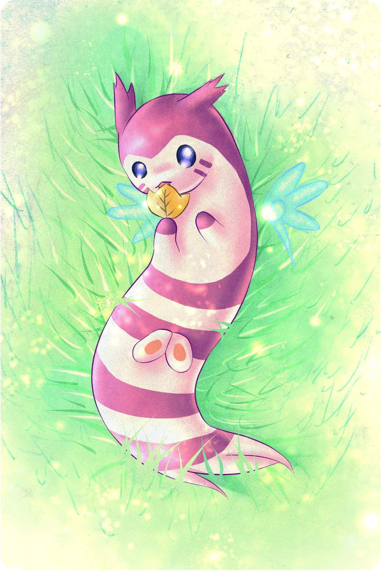 pink furret, blue eyes, glowing green grass, HD Phone Wallpaper
