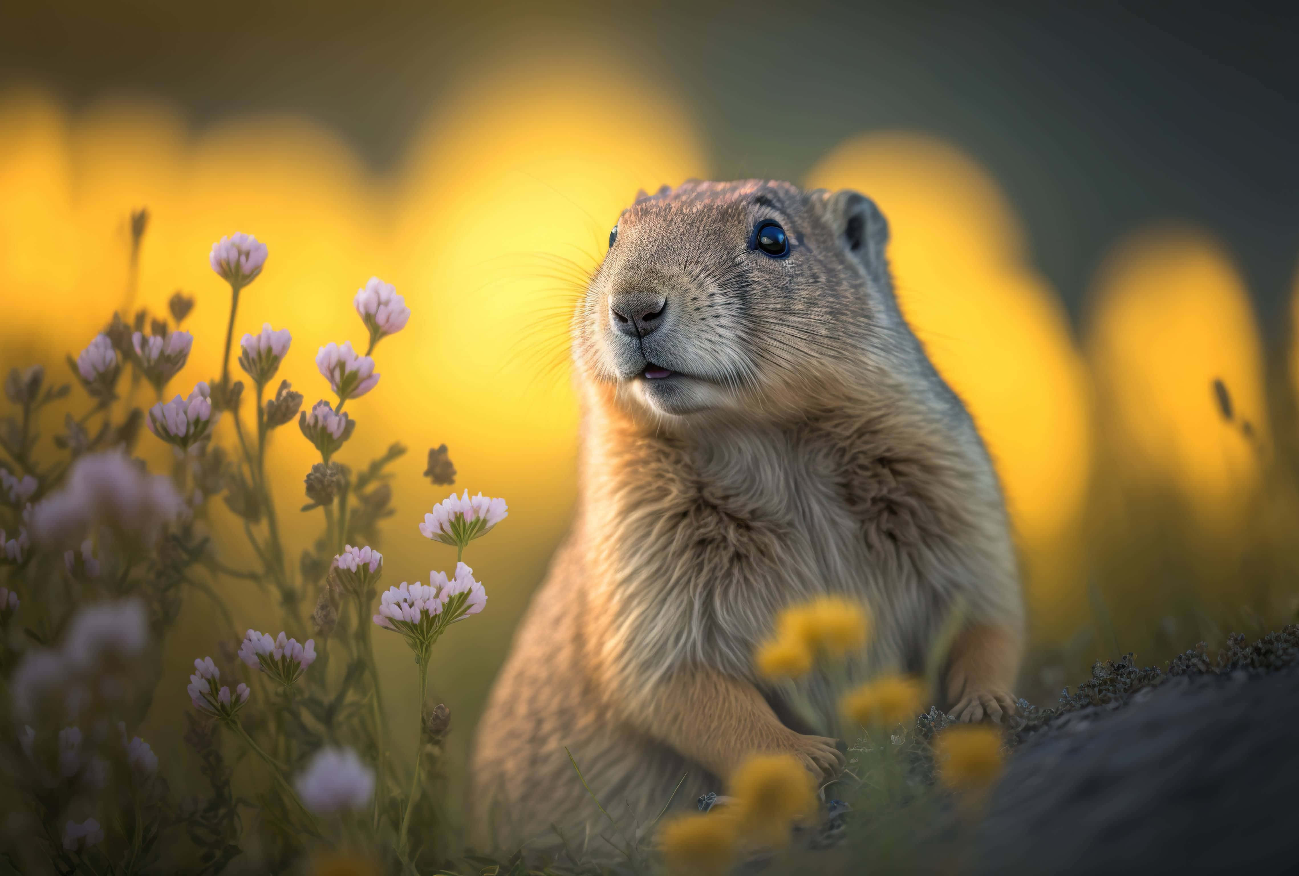 Gopher, Sunset Glow, purple wildflowers, 4K Desktop Wallpaper
