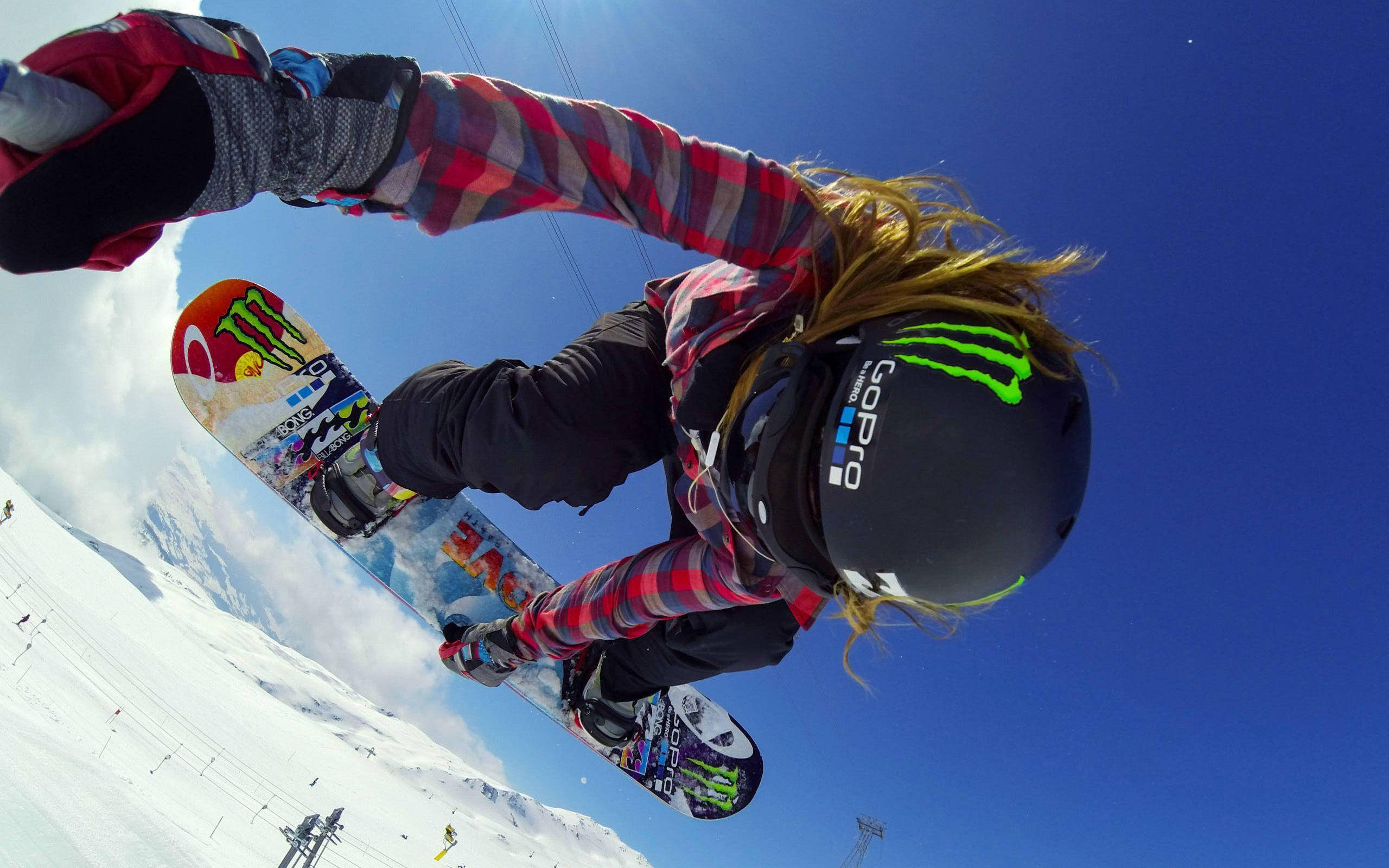 GoPro, snowboarding, mid-air, 2K Desktop Wallpaper