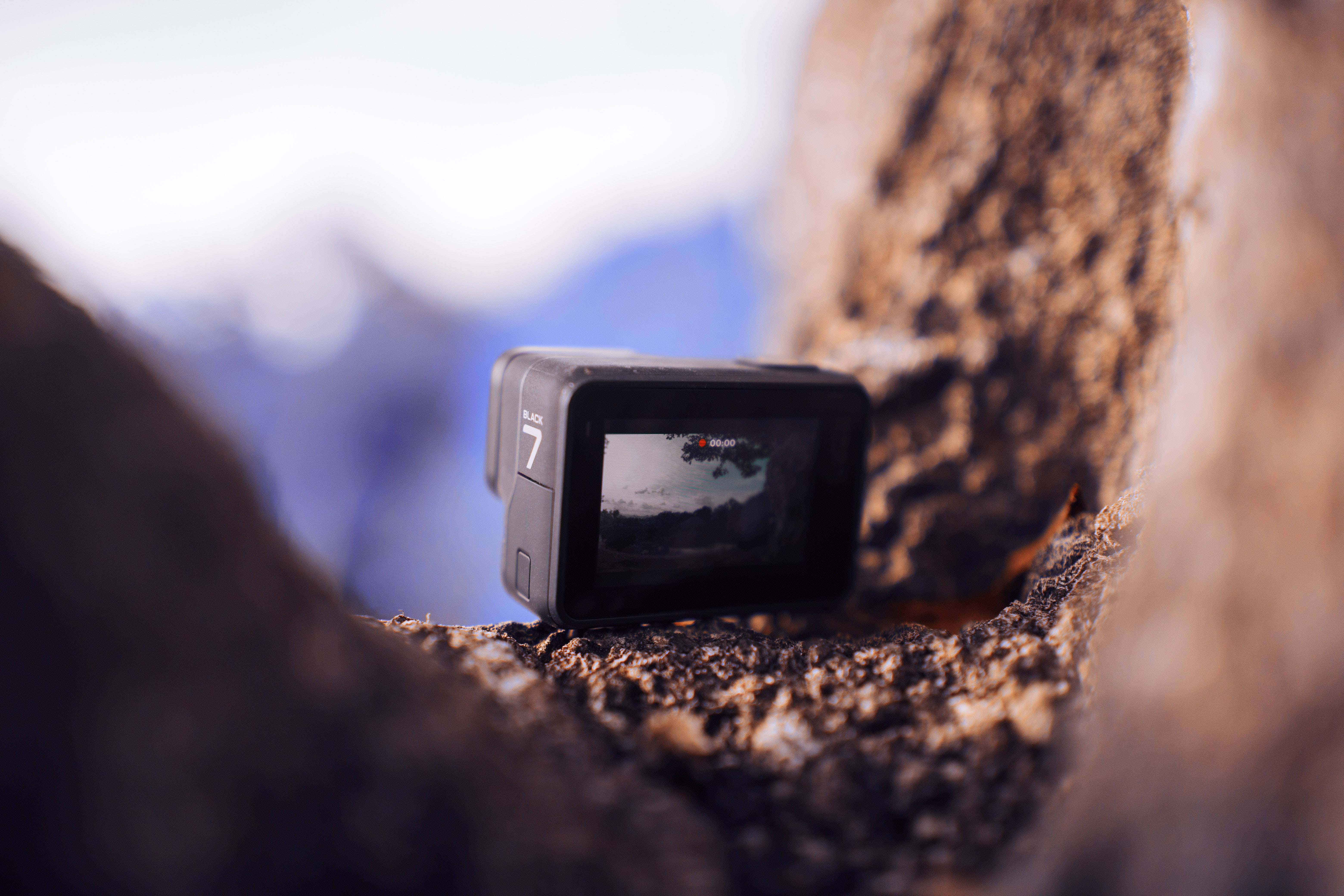 GoPro 7, rocky crevice, mountain vista, 5K Desktop Wallpaper