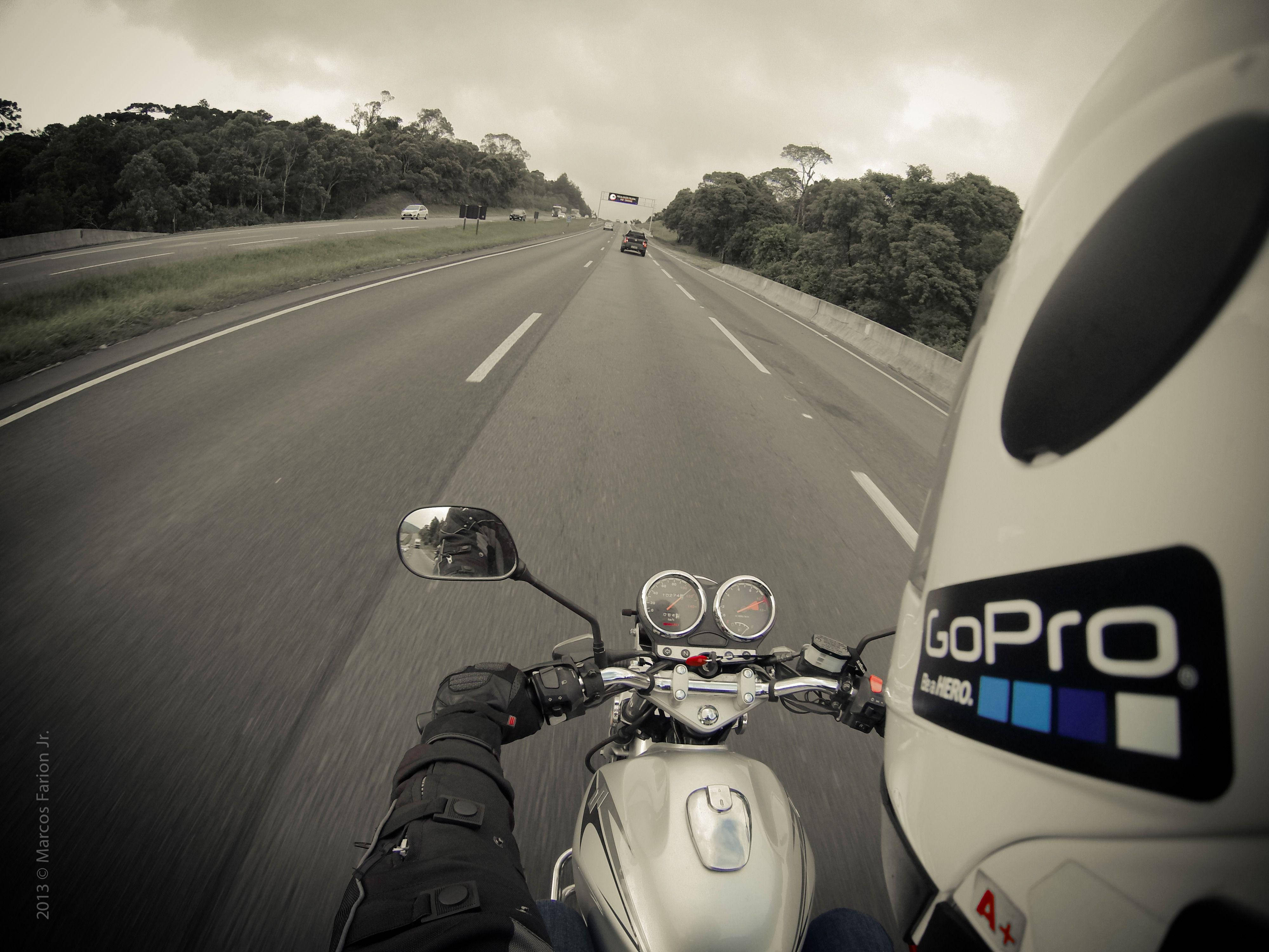 GoPro, motorcycle helmet, wet highway, 4K Desktop Wallpaper