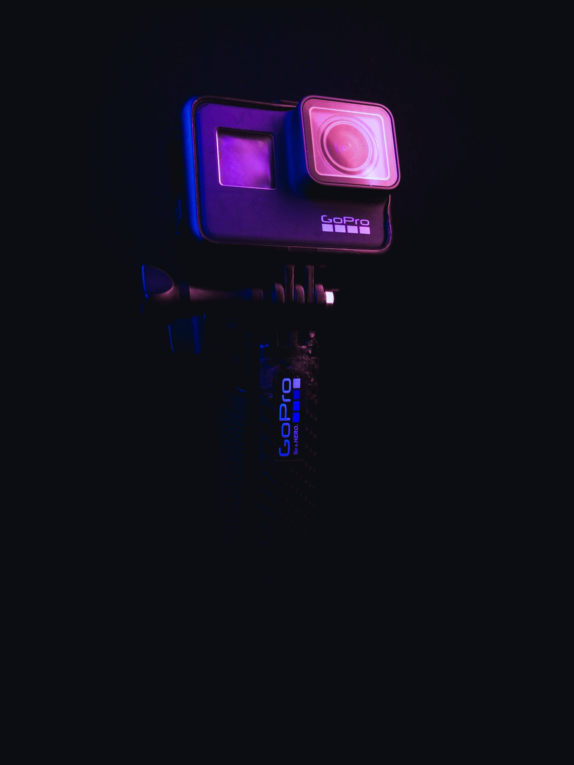 GoPro, neon purple light, black tripod arm, 2K Phone Wallpaper