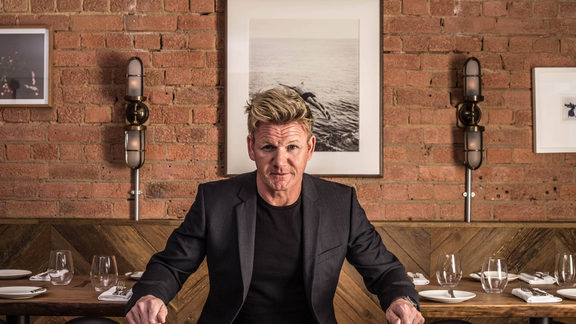Gordon Ramsay, wooden dining table, rustic brick-walled restaurant, Full HD Desktop Wallpaper