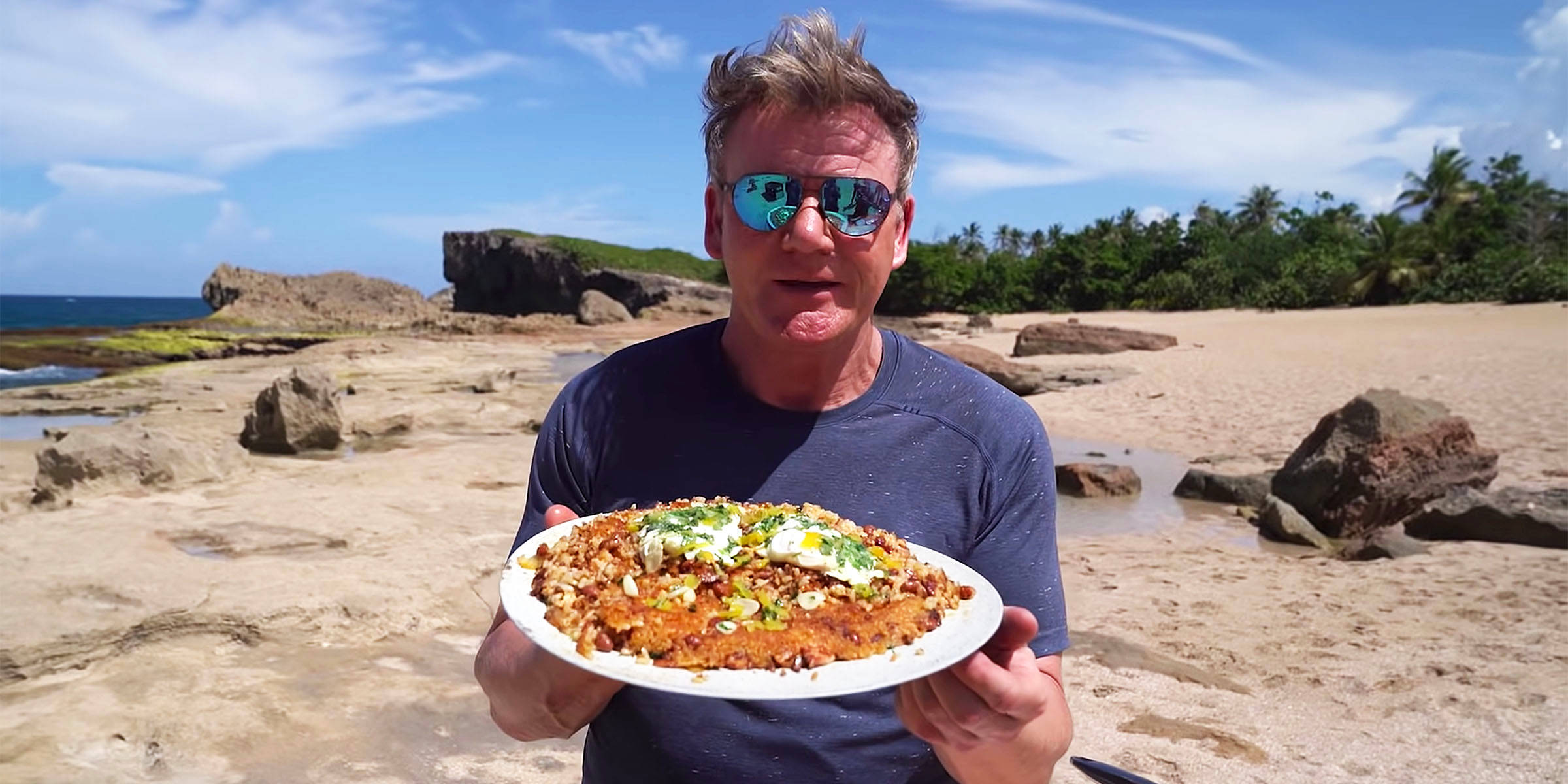 Gordon Ramsay, Puerto Rican dish, sunlit rocky beach, Full HD Desktop Wallpaper