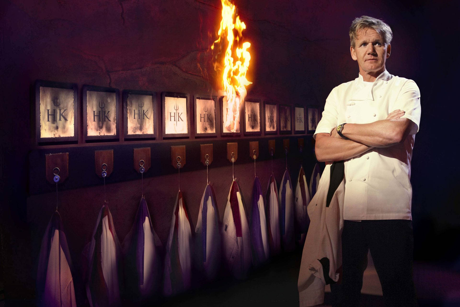 Gordon Ramsay, HK logos, flaming torch, Full HD Desktop Wallpaper