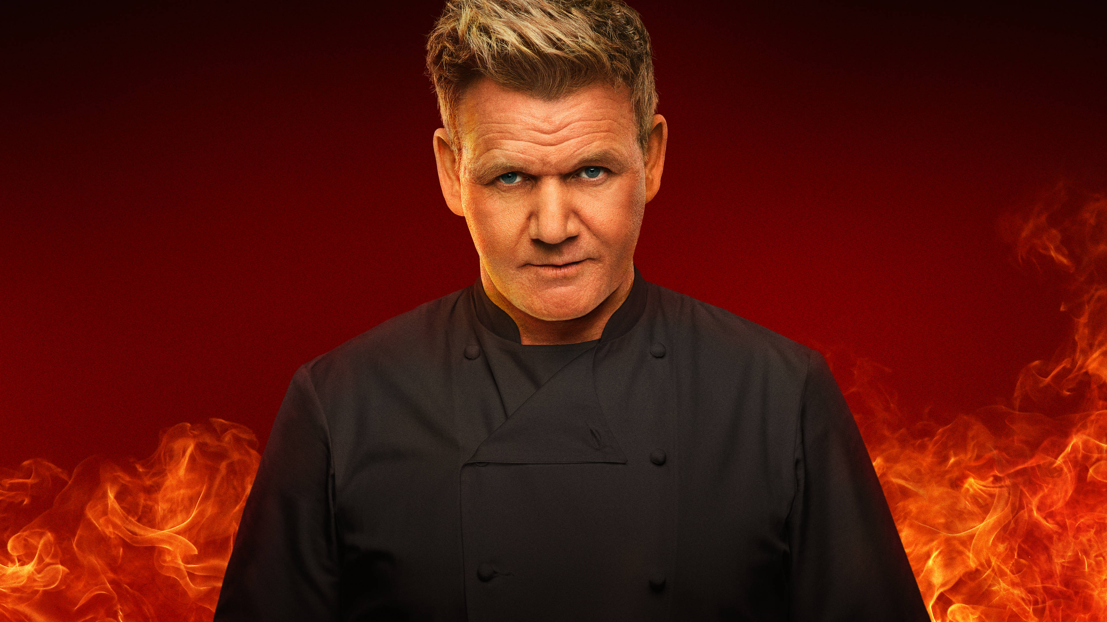 Gordon Ramsay, black chef's coat, fiery red background, 4K Desktop Wallpaper