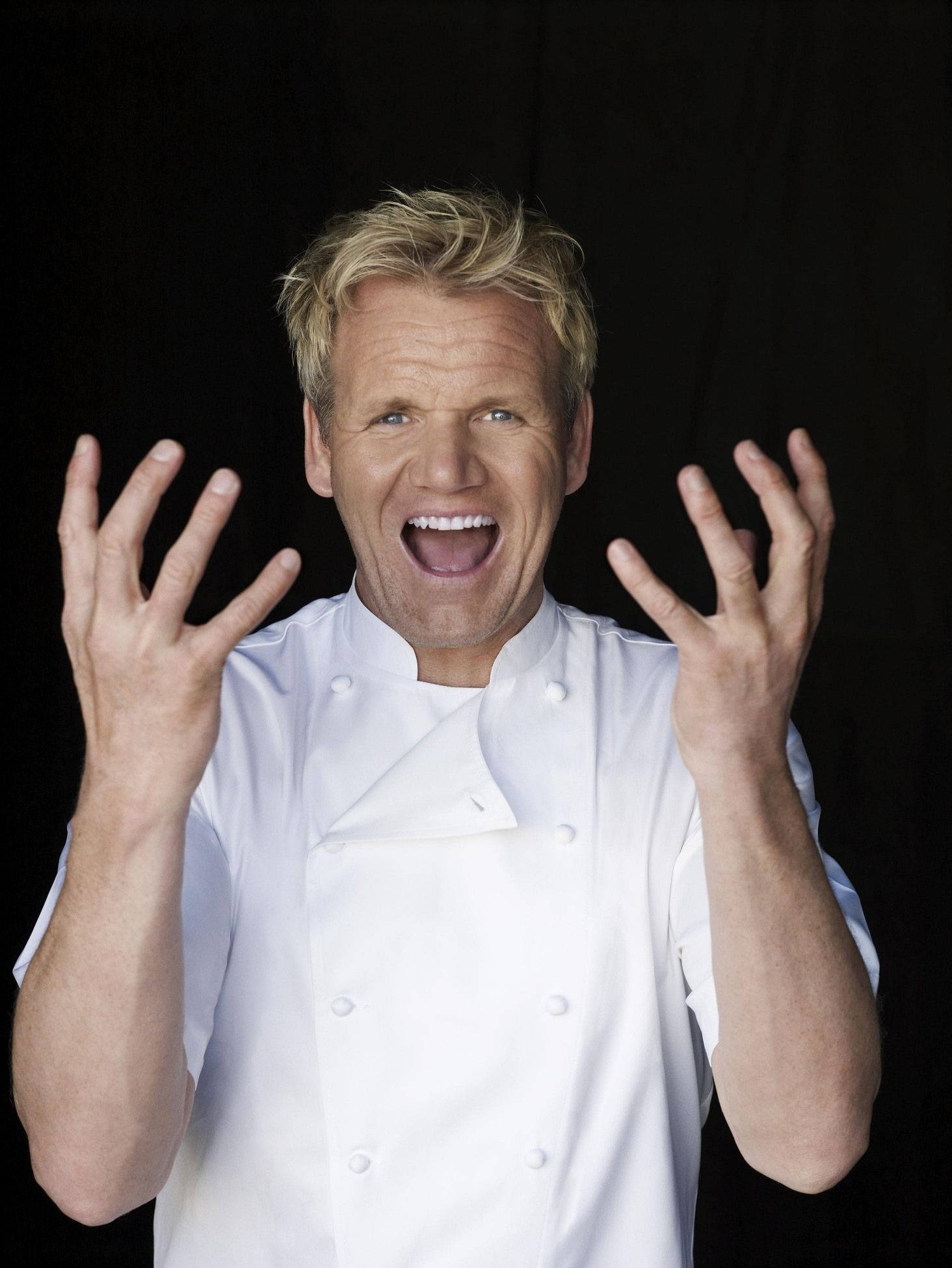 Gordon Ramsay, white chef's coat, black background, Full HD Phone Wallpaper