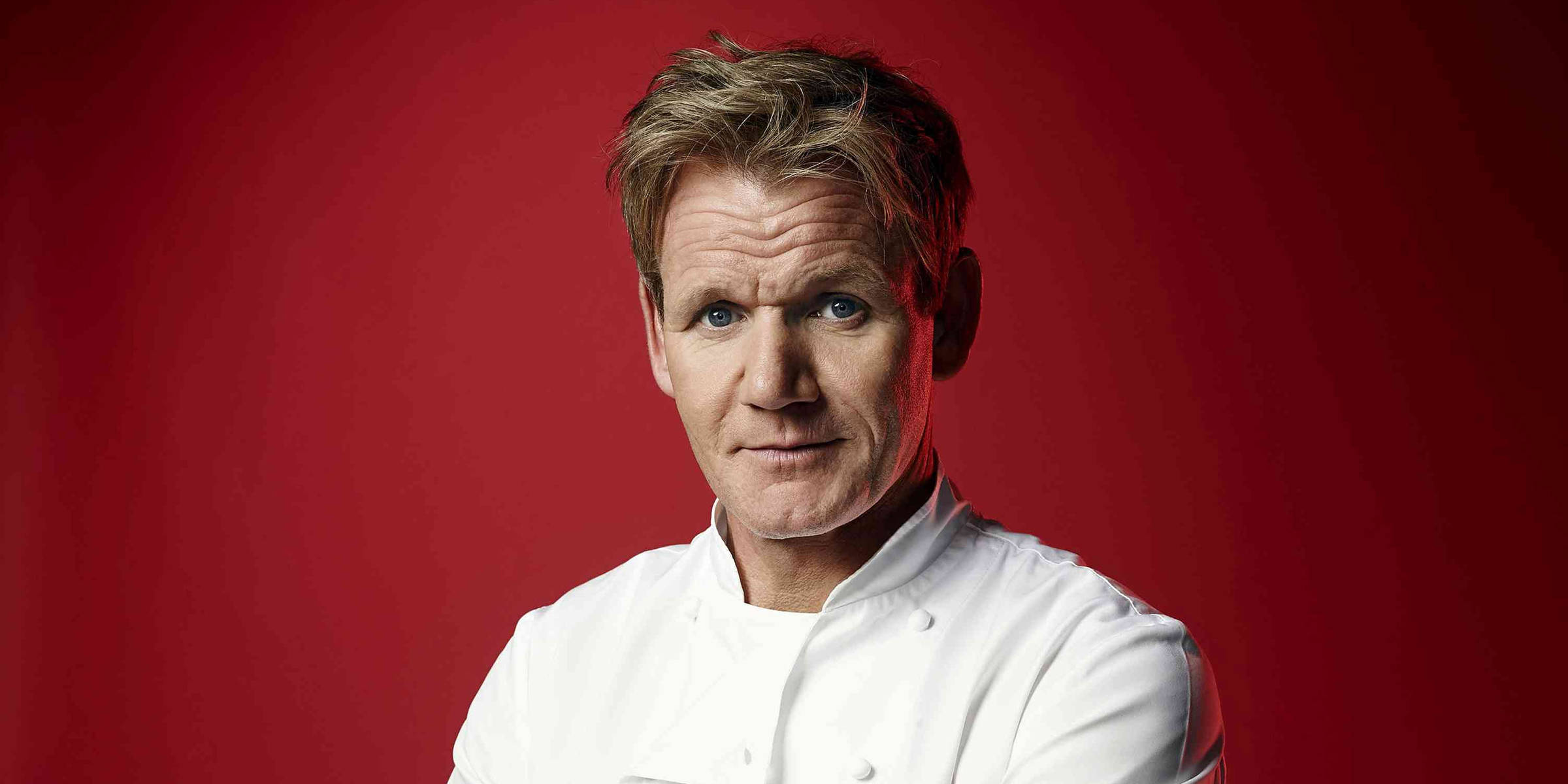 Gordon Ramsay, red studio backdrop, white coat, Full HD Desktop Wallpaper