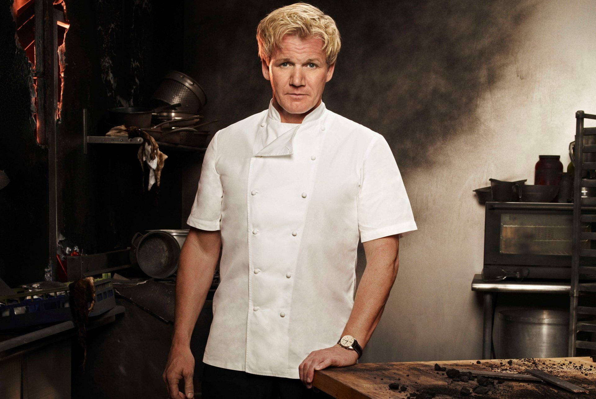Gordon Ramsay, smoky professional kitchen, crisp white chef's coat, Full HD Desktop Wallpaper