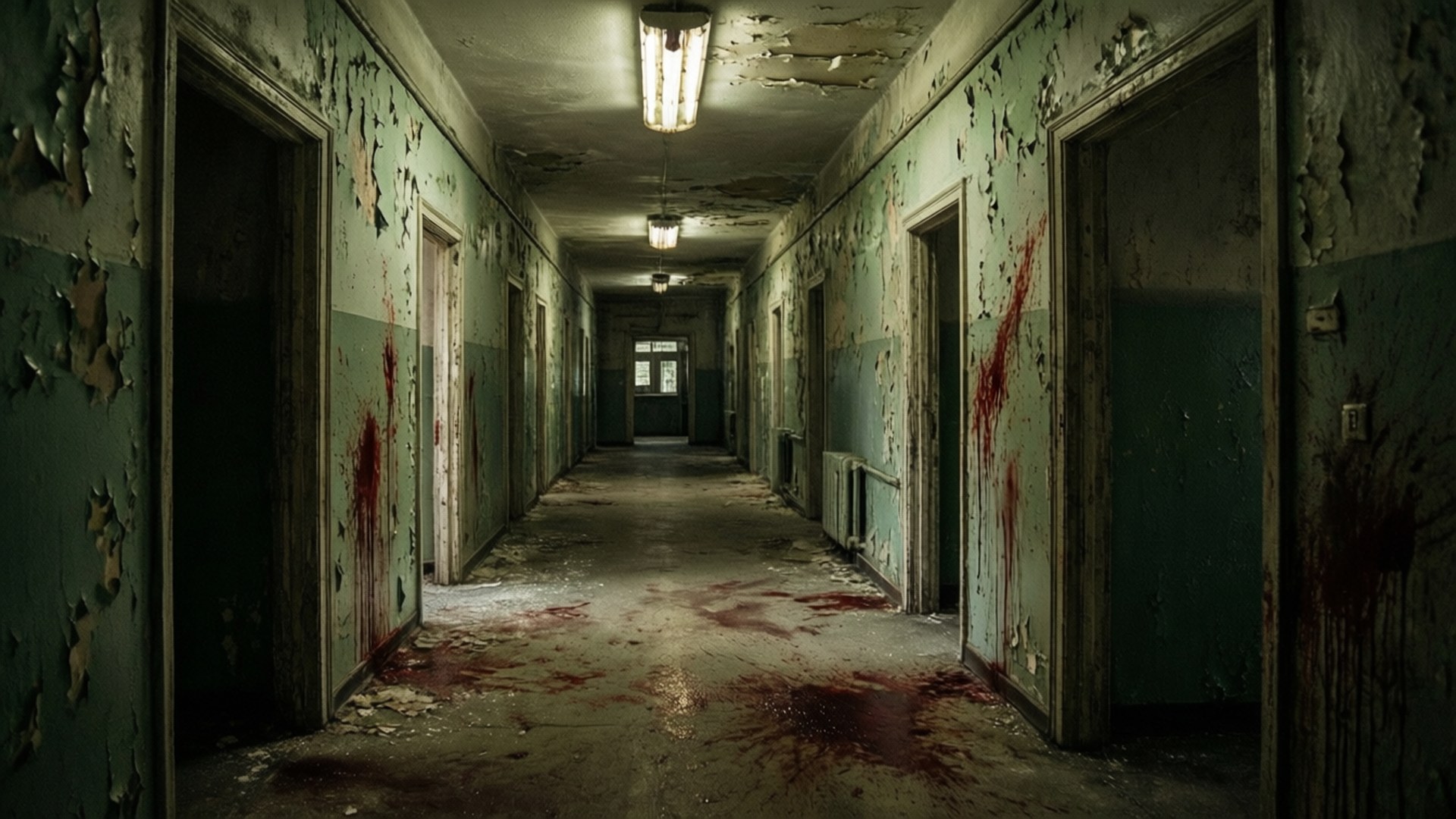 asylum corridor, decaying hospital hallway, peeling green walls, Full HD Desktop Wallpaper
