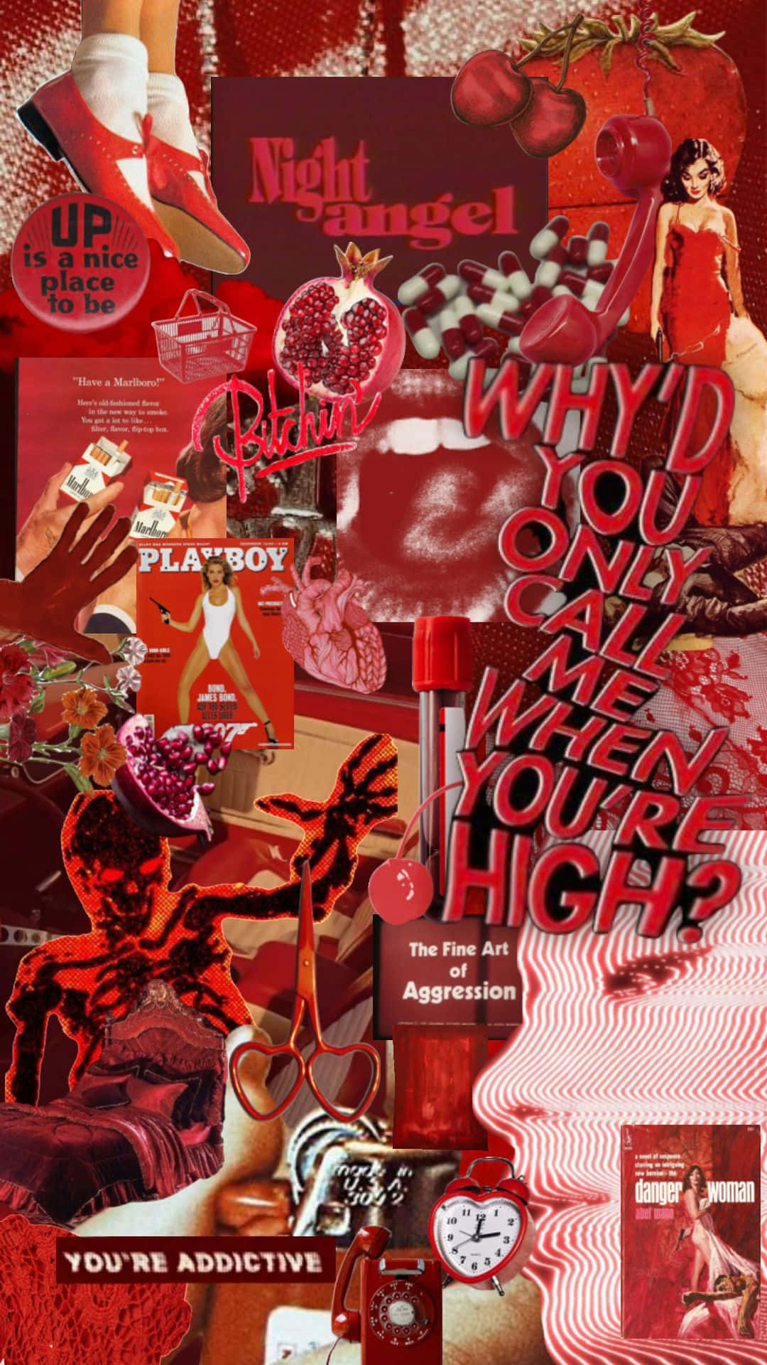 Red Collage Aesthetic Gore, vintage magazines, cherry imagery, Full HD Phone Wallpaper