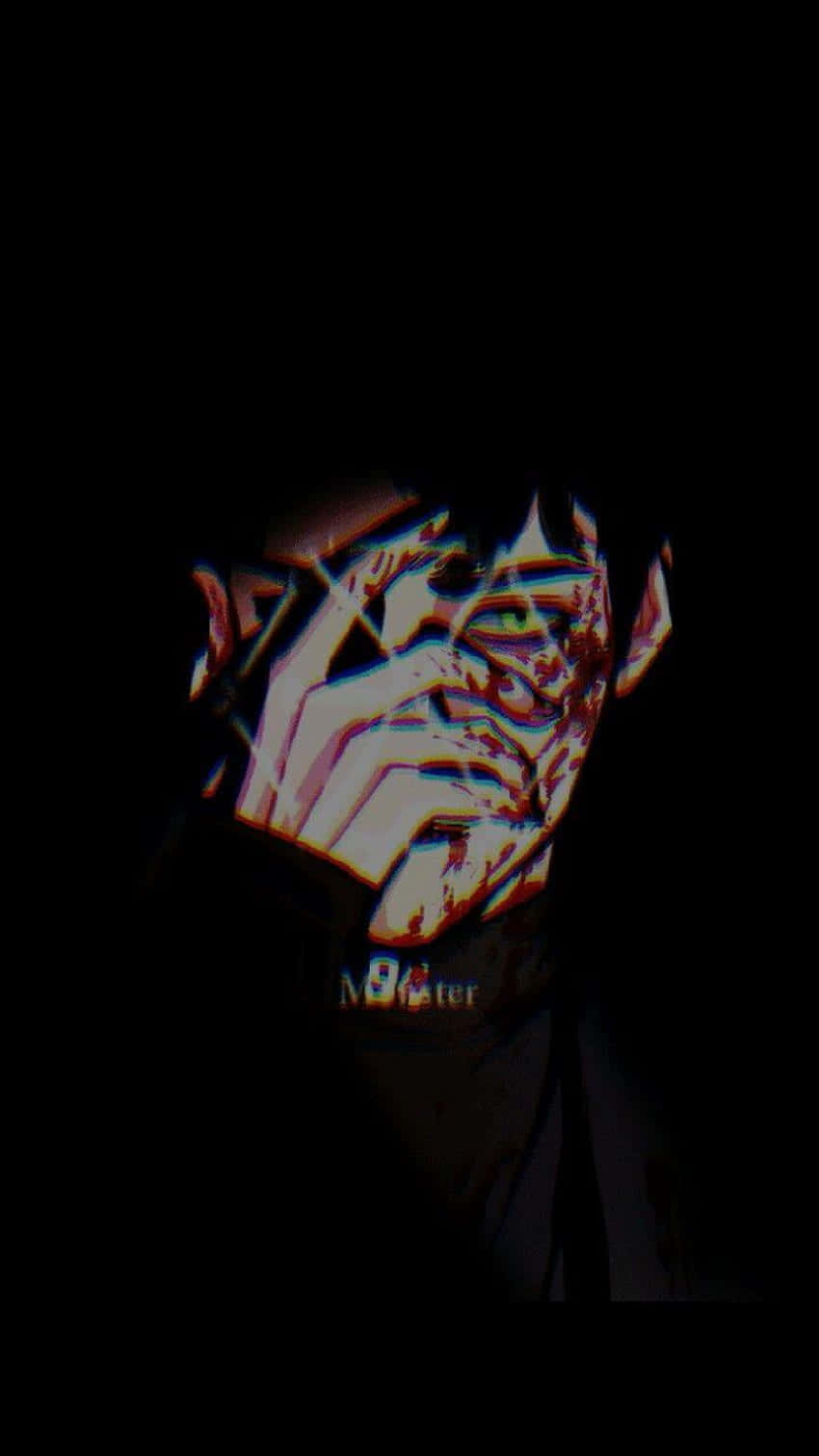 glitchy anime-style face, green eyes, blood splatters, HD Phone Wallpaper