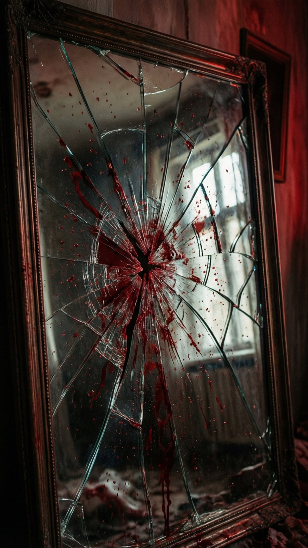 shattered mirror, blood splatters, cracks radiating from a central impact point, Full HD Phone Wallpaper