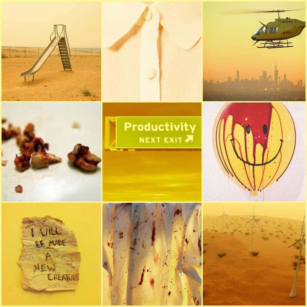 surreal yellow-toned collage, desert slide, helicopter city sign, SD Desktop Wallpaper