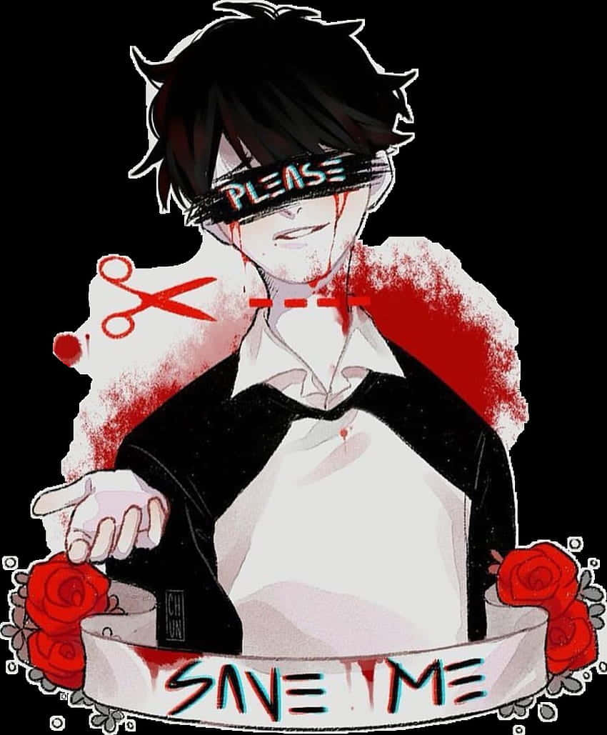 blindfolded figure, bloodstains, scissors, SD Phone Wallpaper