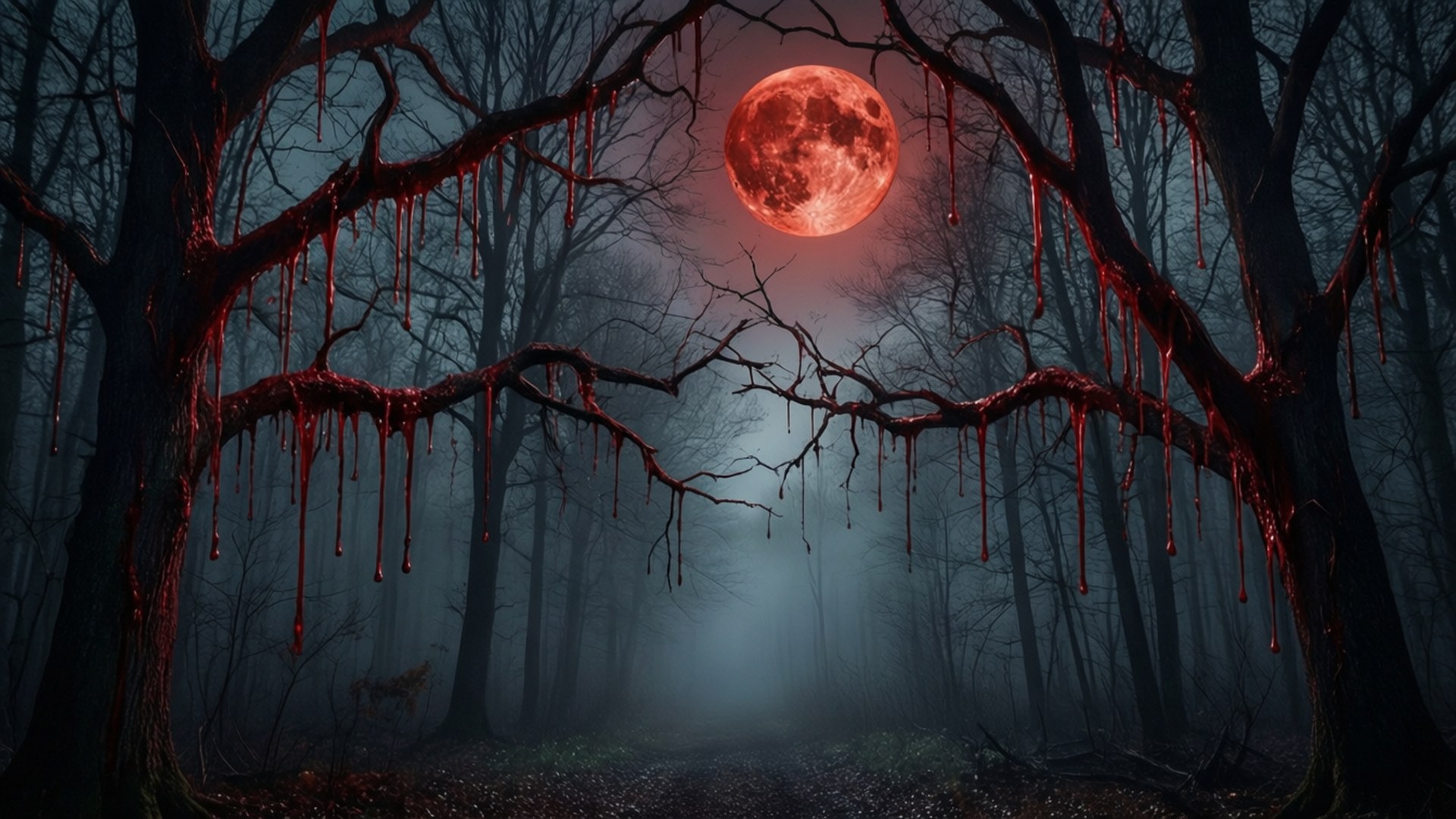 bloody forest nightmare, blood-red moonlight, twisted branches, Full HD Desktop Wallpaper