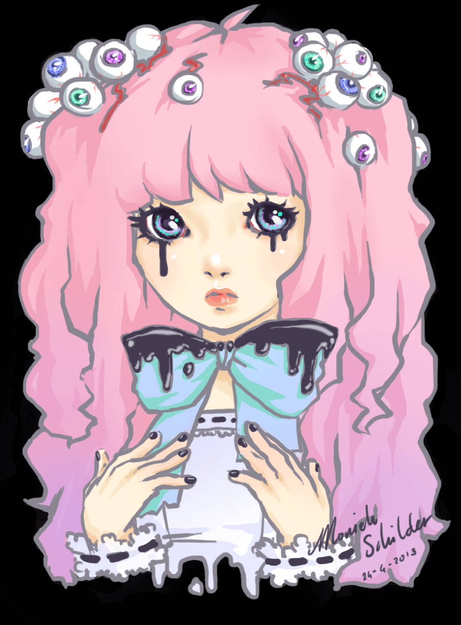 pastel gore, pink-haired anime girl, tear-streaked eyes, SD Phone Wallpaper