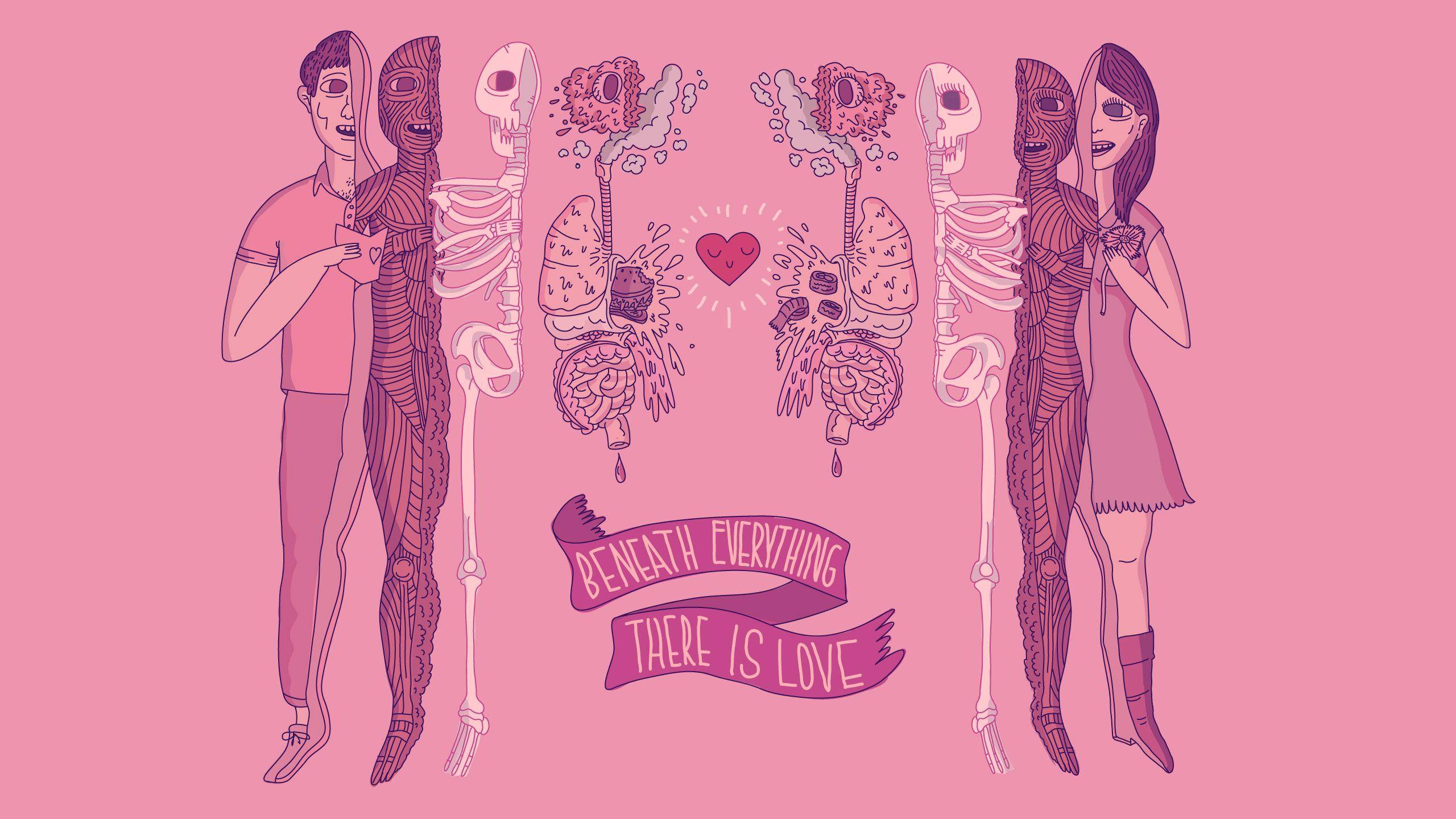 Pastel Gore, pink background, skeletal and organ systems, 2K Desktop Wallpaper