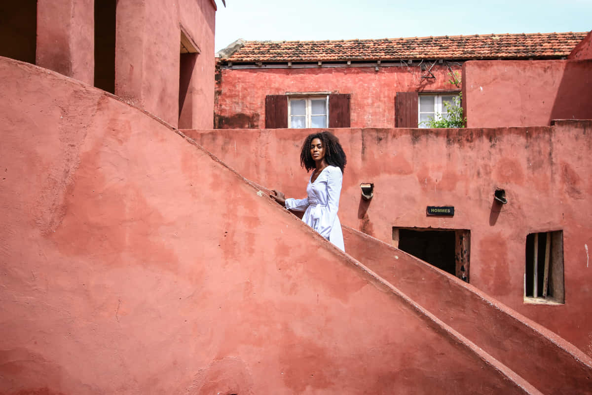 Goree, white dress, terracotta staircase, SD Desktop Wallpaper
