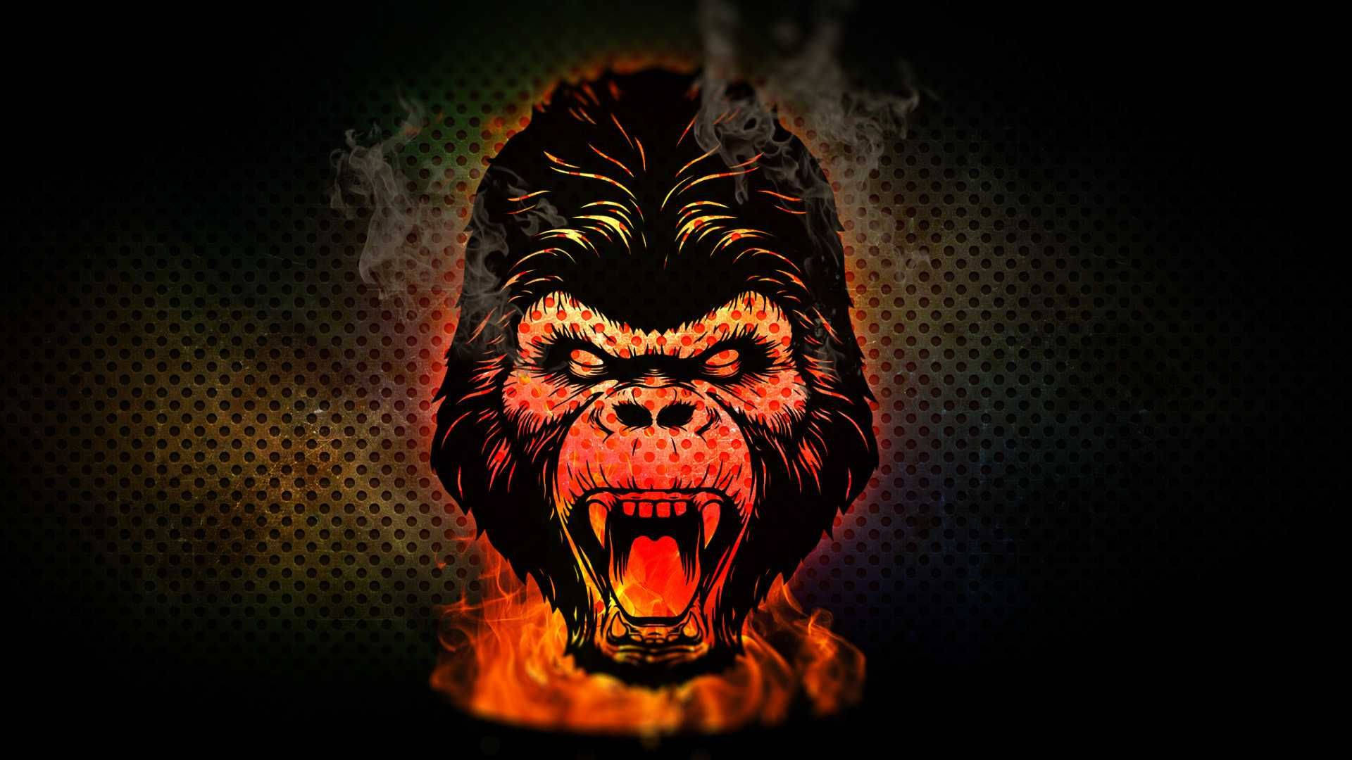 Gorilla Art, flaming gorilla head, dark perforated background, Full HD Desktop Wallpaper