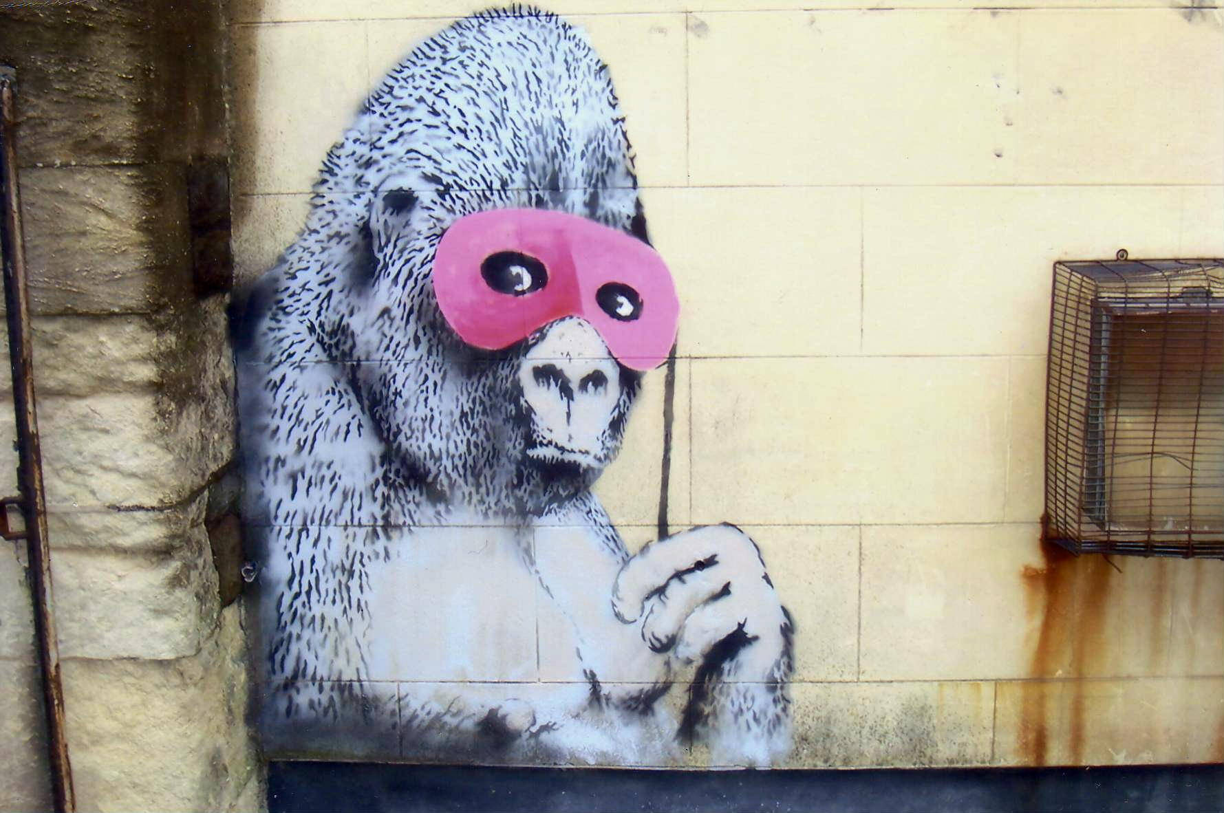 Gorilla Art, pink mask, cane, HD Desktop Wallpaper