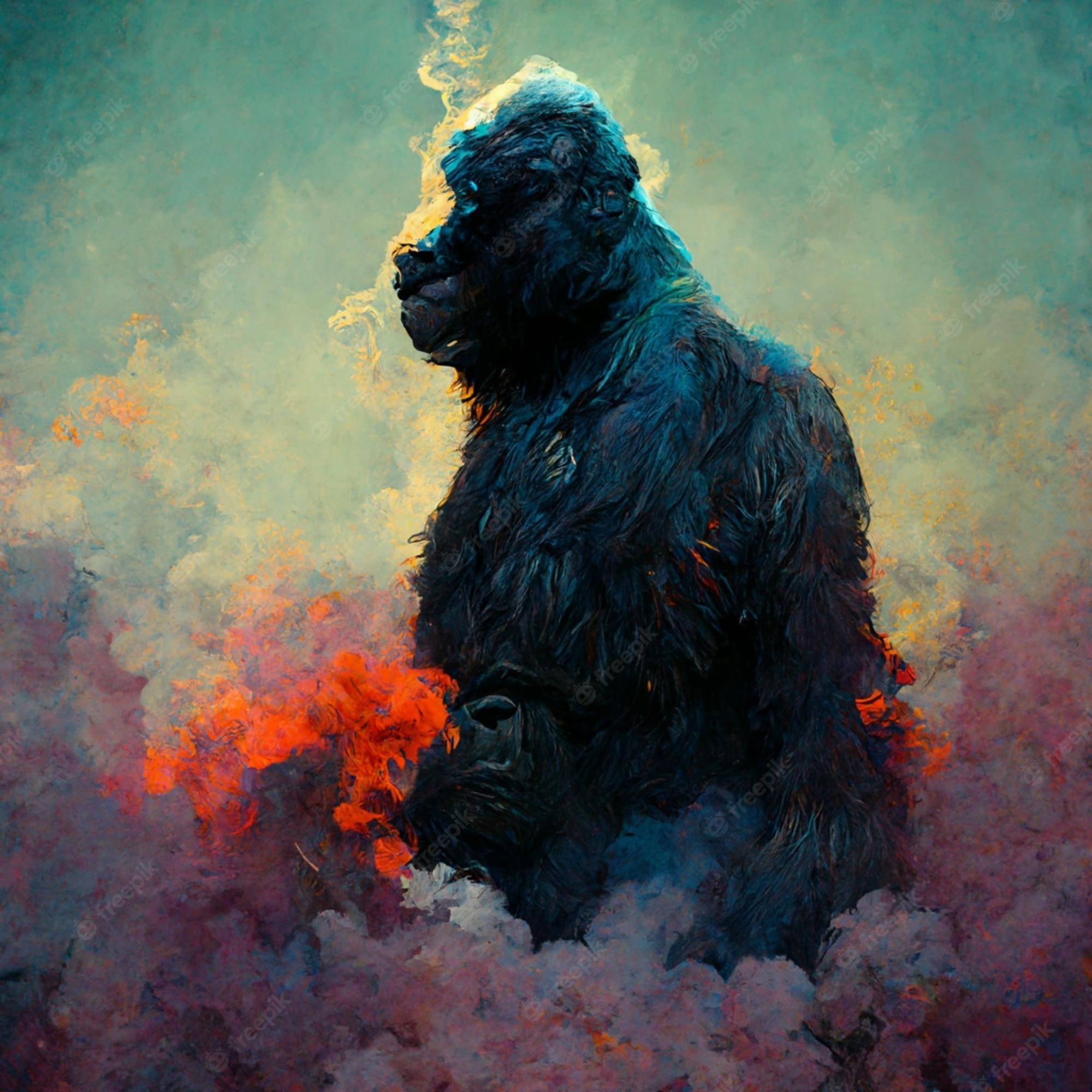 Gorilla Art, watercolor, fiery orange, Full HD Desktop Wallpaper
