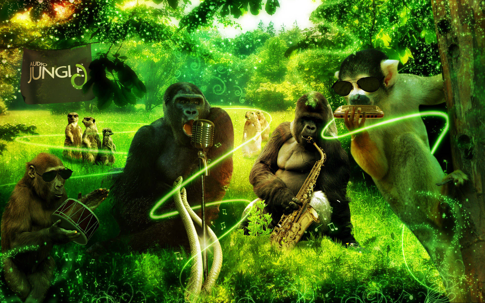 gorilla art, jungle, saxophone, Full HD Desktop Wallpaper