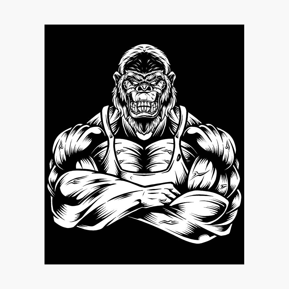 Gorilla Art, black and white illustration, muscular gorilla, SD Desktop Wallpaper