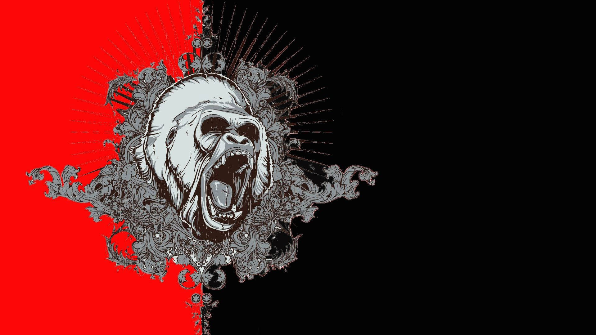 Gorilla Black And Red Art, ornate silver filigree, split red and black background, Full HD Desktop Wallpaper