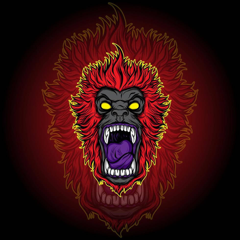 Gorilla Digital Art, glowing yellow eyes, red fur, SD Desktop Wallpaper