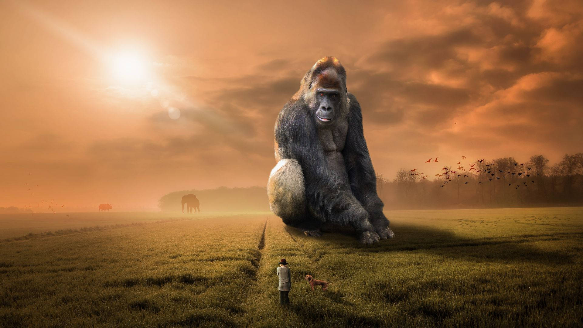 Gorilla Desktop, vast field, glowing orange sunset sky, Full HD Desktop Wallpaper