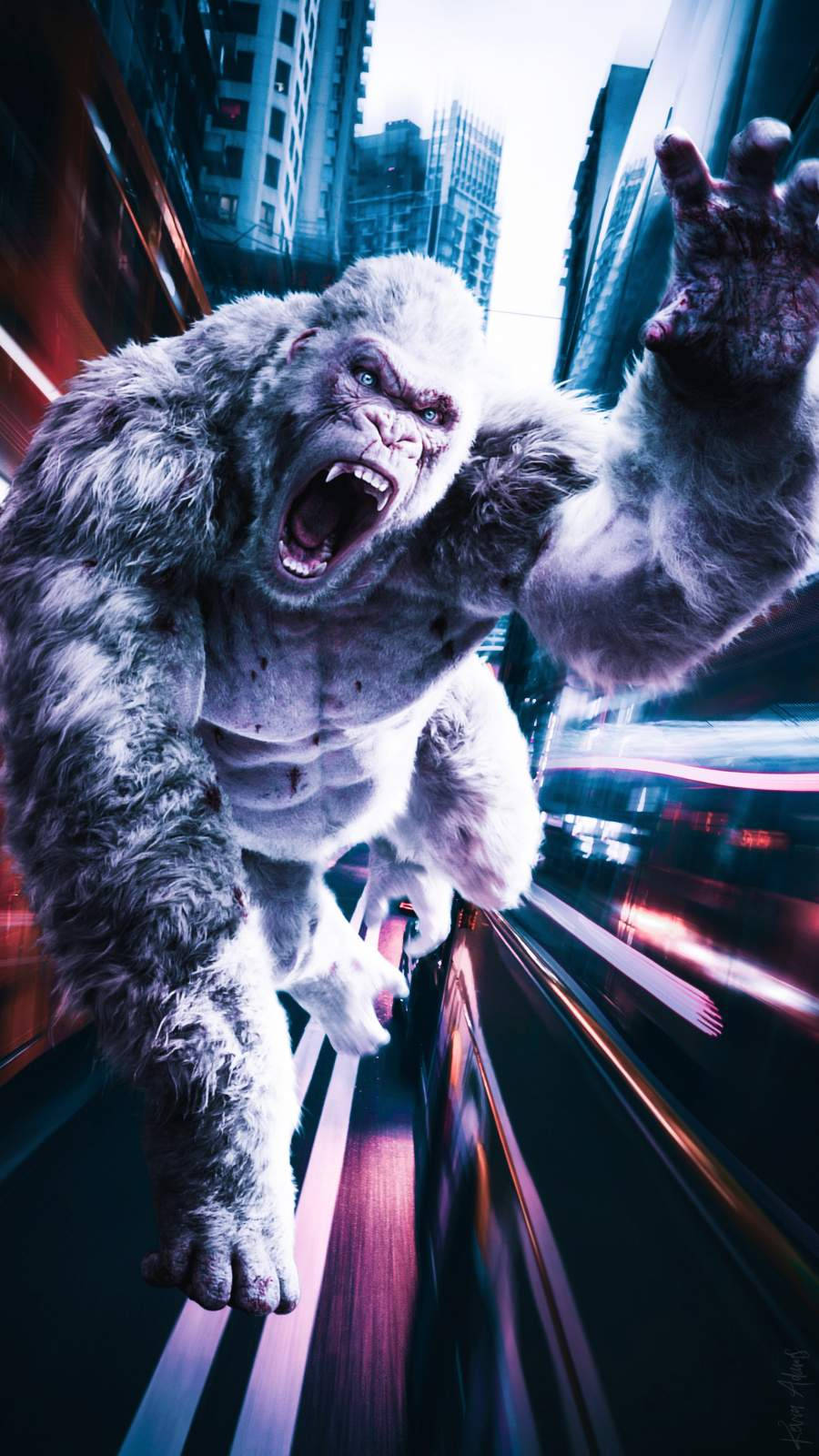 Jumping White Gorilla iPhone, colossal roaring gorilla, neon-lit city street, HD Phone Wallpaper