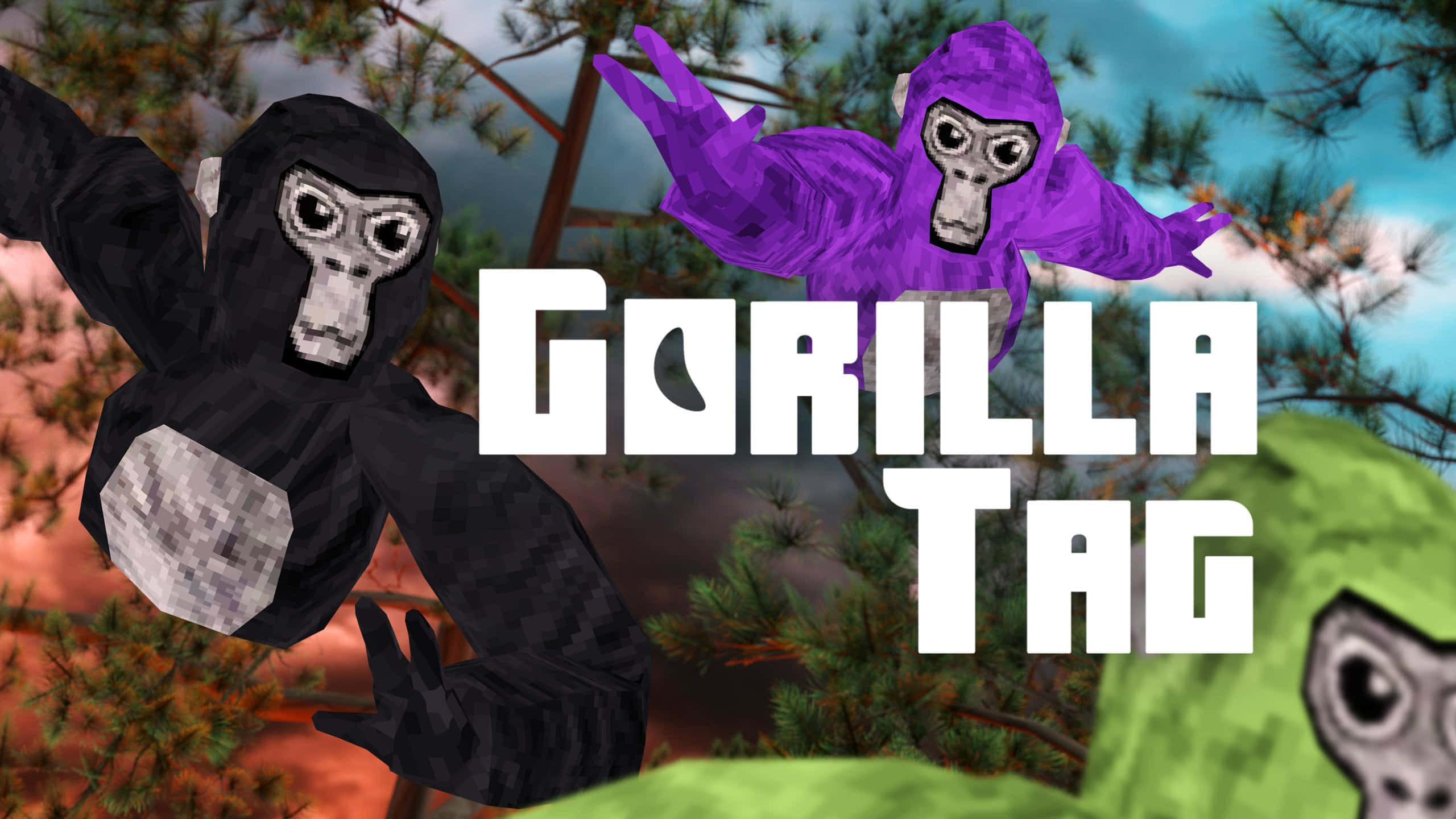 Gorilla Tag, black purple and green, pine trees, 2K Desktop Wallpaper