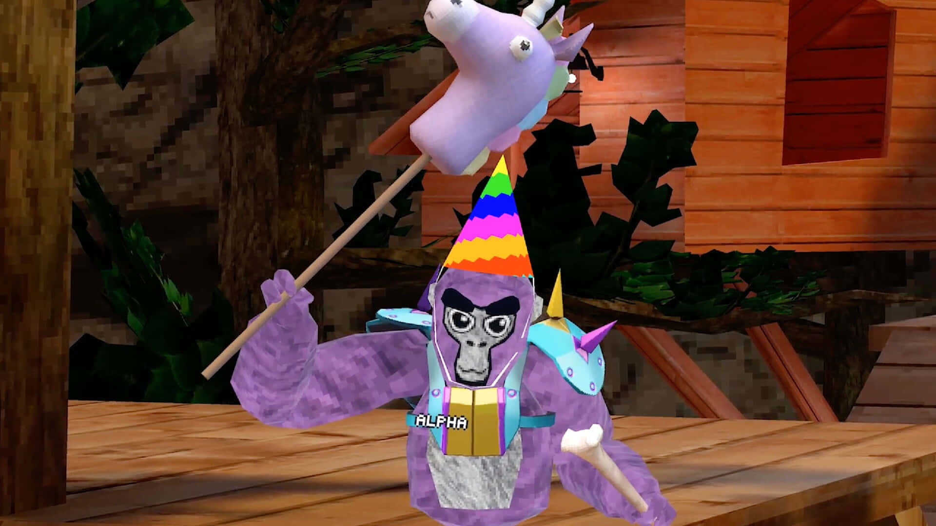 Gorilla Tag, purple gorilla, rainbow party hat, Full HD Desktop Wallpaper