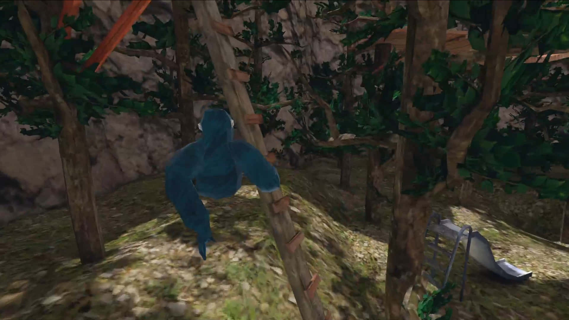 Gorilla Tag, blue-clad figure, wooden ladder, Full HD Desktop Wallpaper