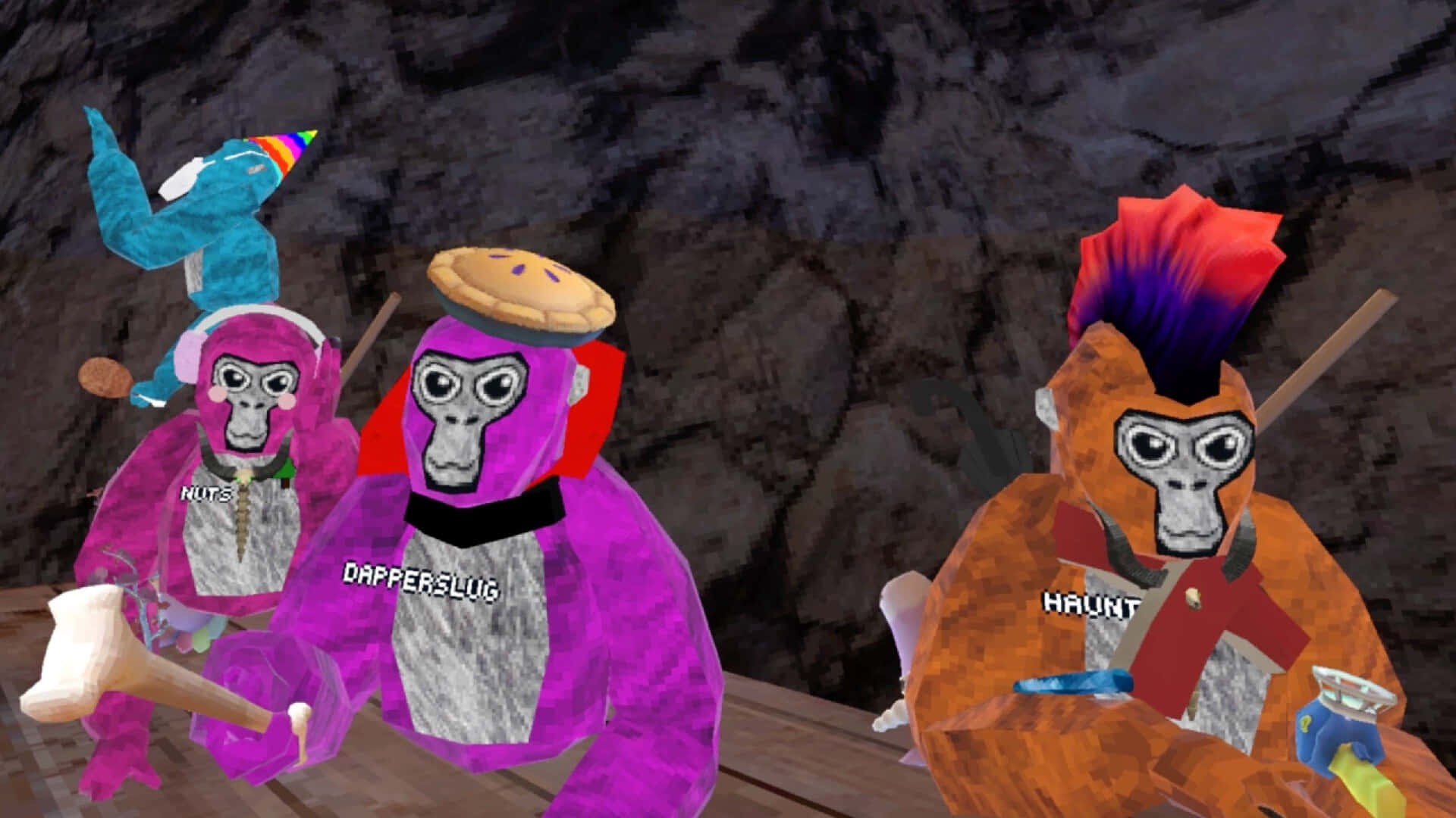 Gorilla Tag, cartoon gorillas, party hats, Full HD Desktop Wallpaper